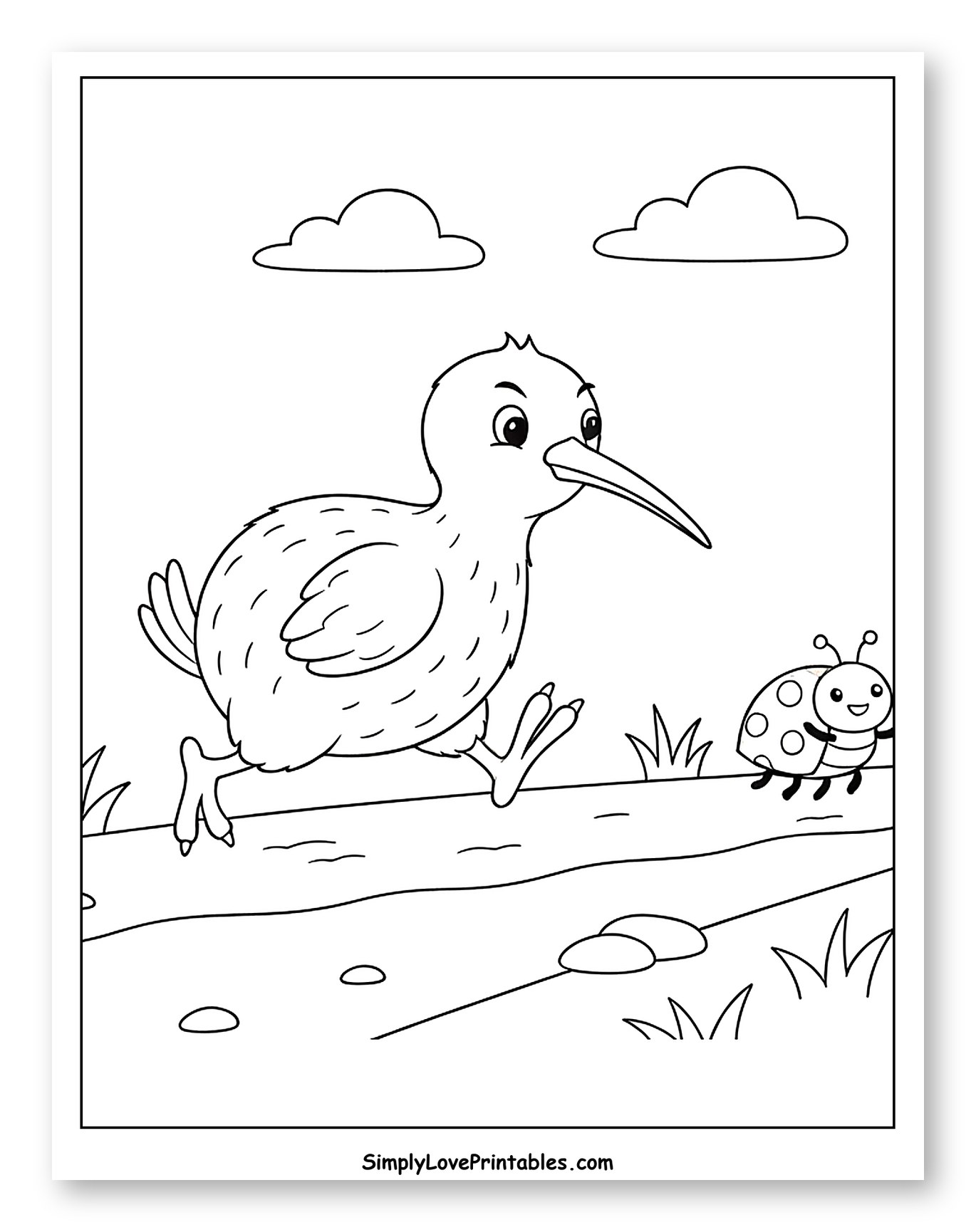 Cute Kiwi Bird Running with a Ladybug to Color for Kids