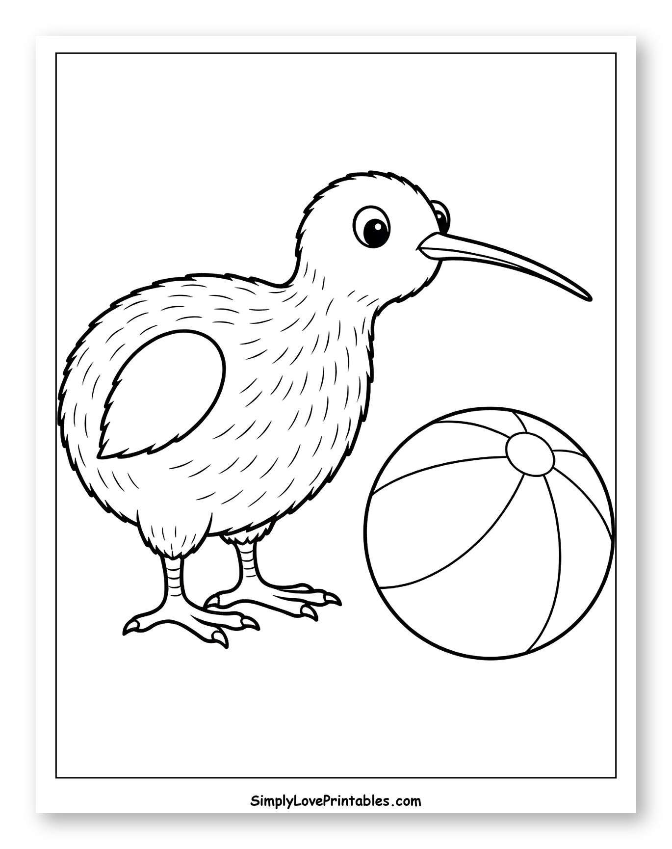 Cute Kiwi Bird Standing Next to a Ball Coloring Page for Toddlers