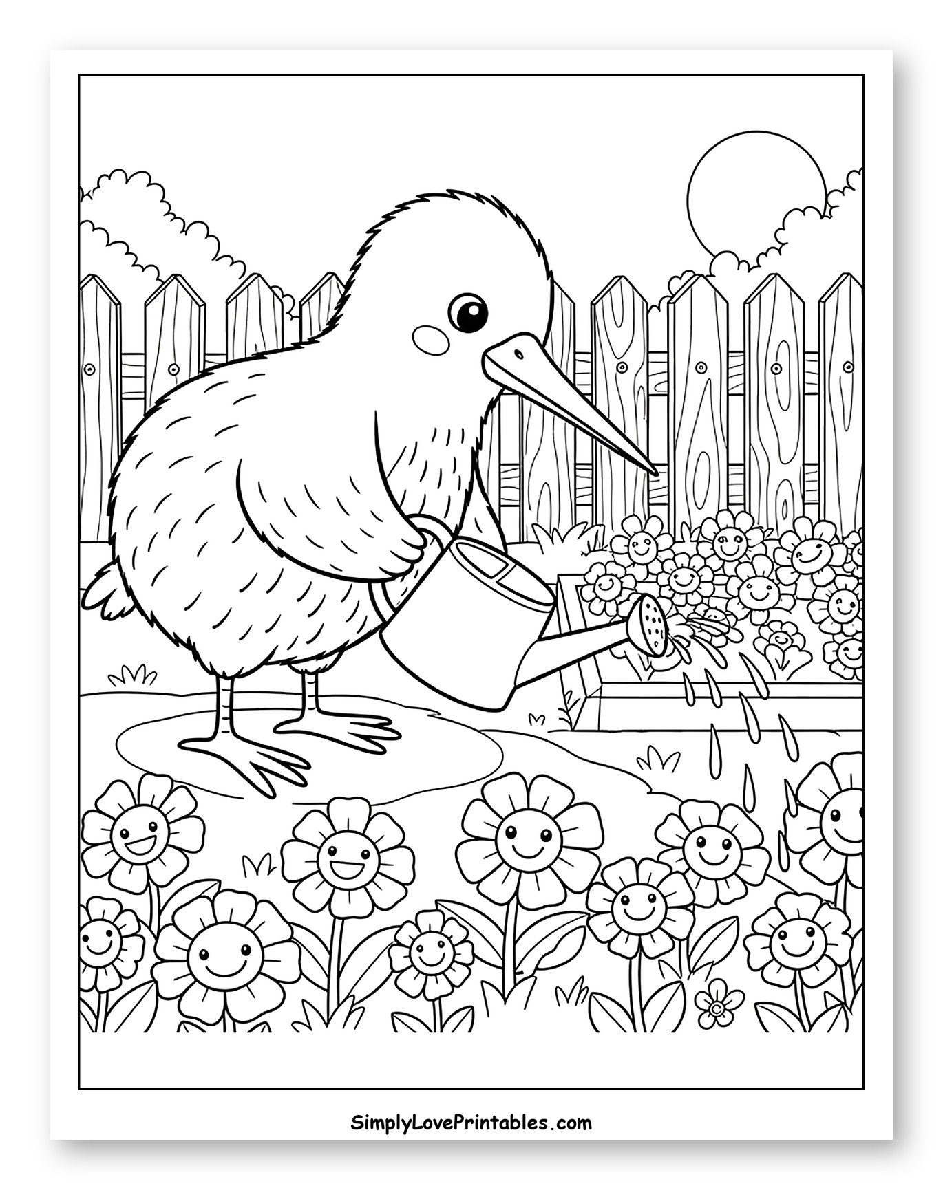 Cute Kiwi Bird Watering Smiling Flowers