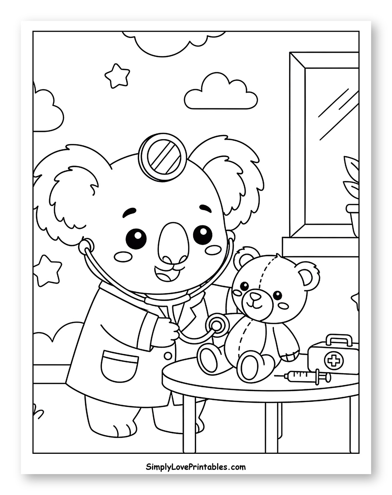 Cute Koala Doctor Examining Teddy Bear to Color for Kids