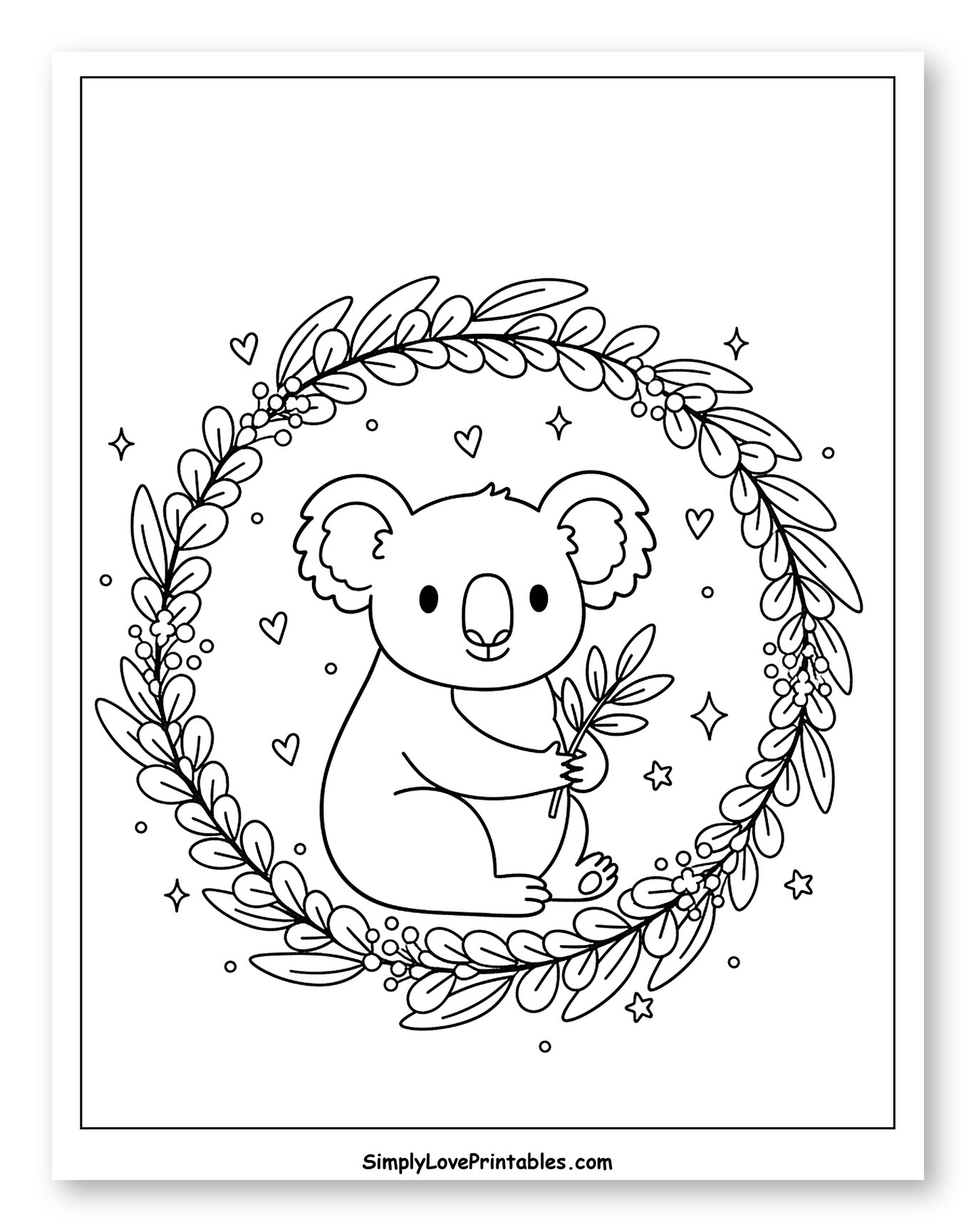 Cute Koala Holding Eucalyptus Branch in Wreath Coloring Sheet for Adults