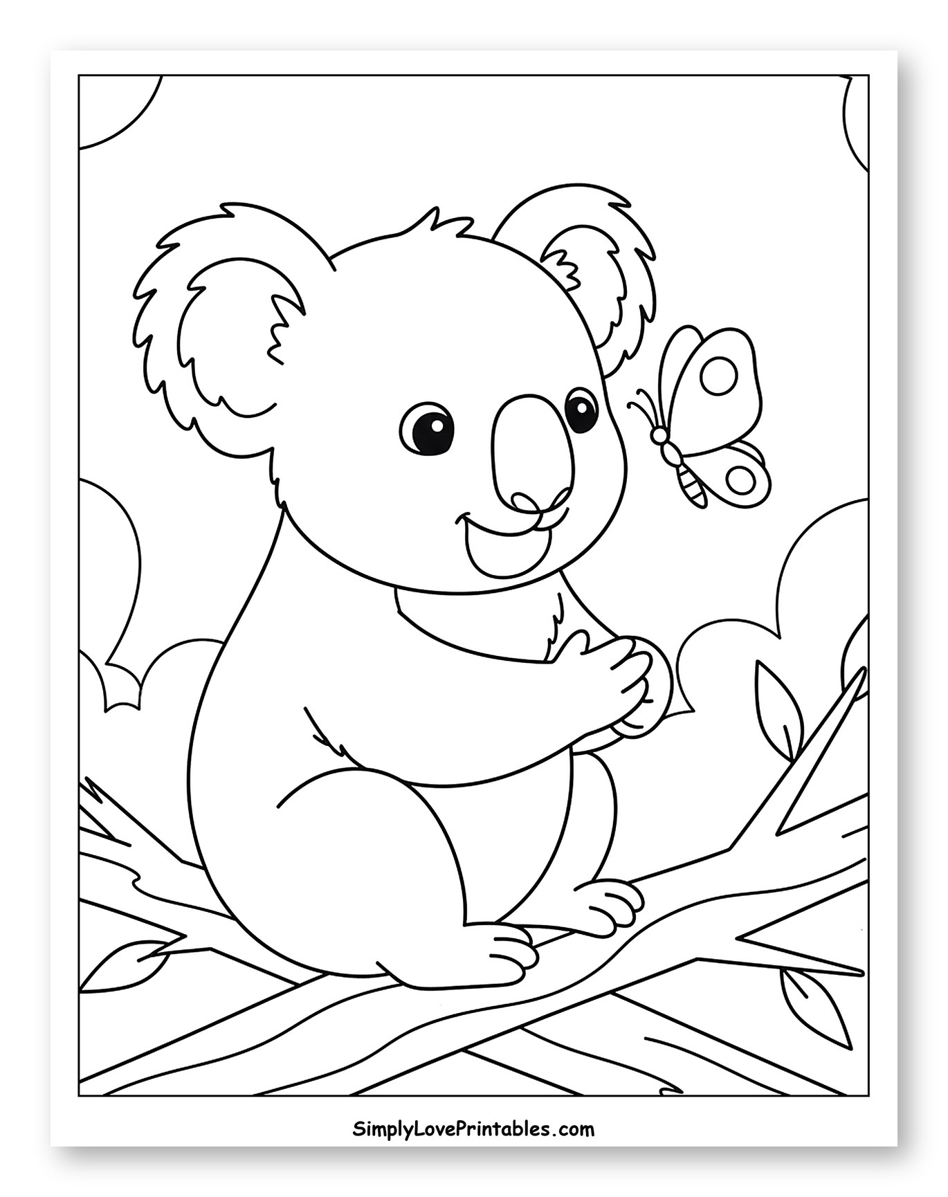 Cute Koala Holding Something on a Branch Coloring Page for Toddlers