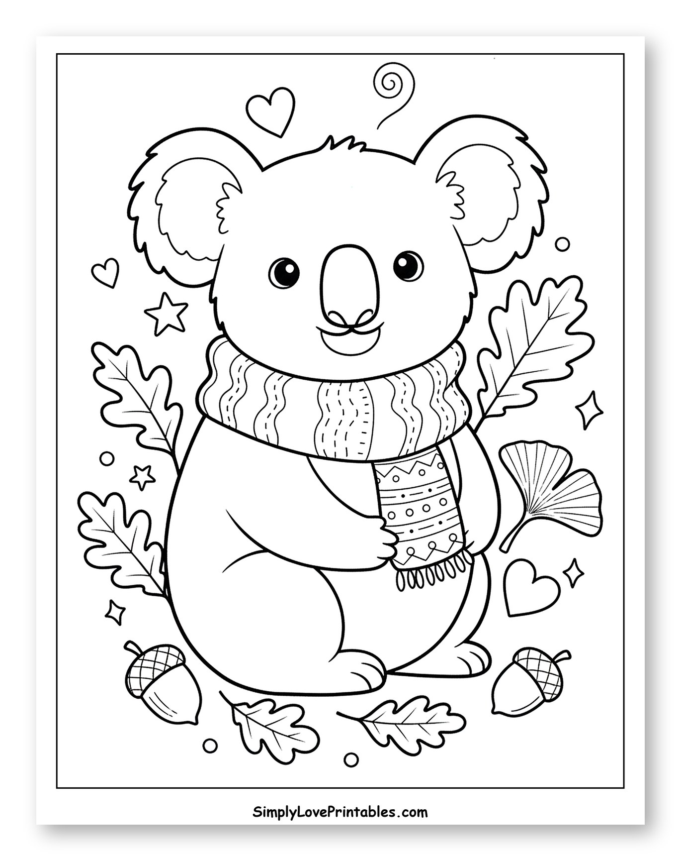 Cute Koala in Scarf with Autumn Leaves Coloring Page for Adults