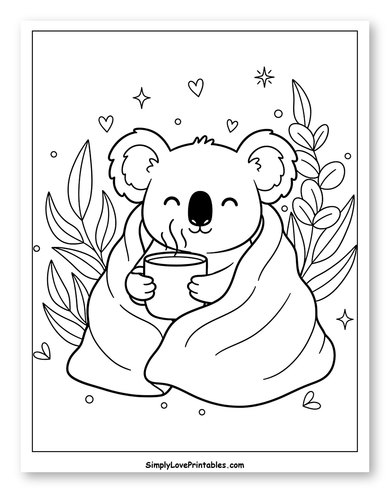 Cute Koala Relaxing with Warm Beverage Coloring Page for Adults