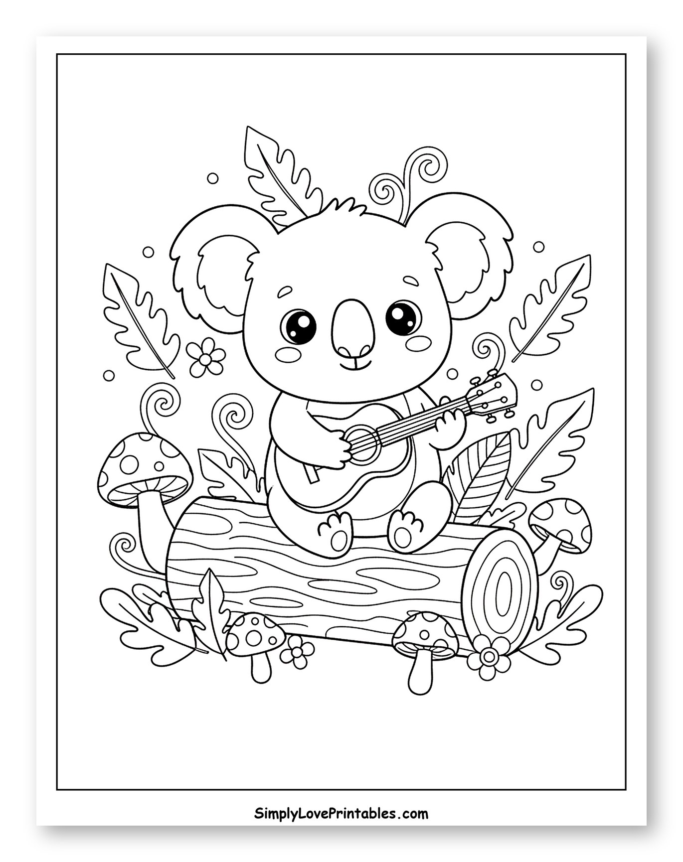 Cute Koala Sitting on Log Playing Guitar Coloring Sheet for Kids