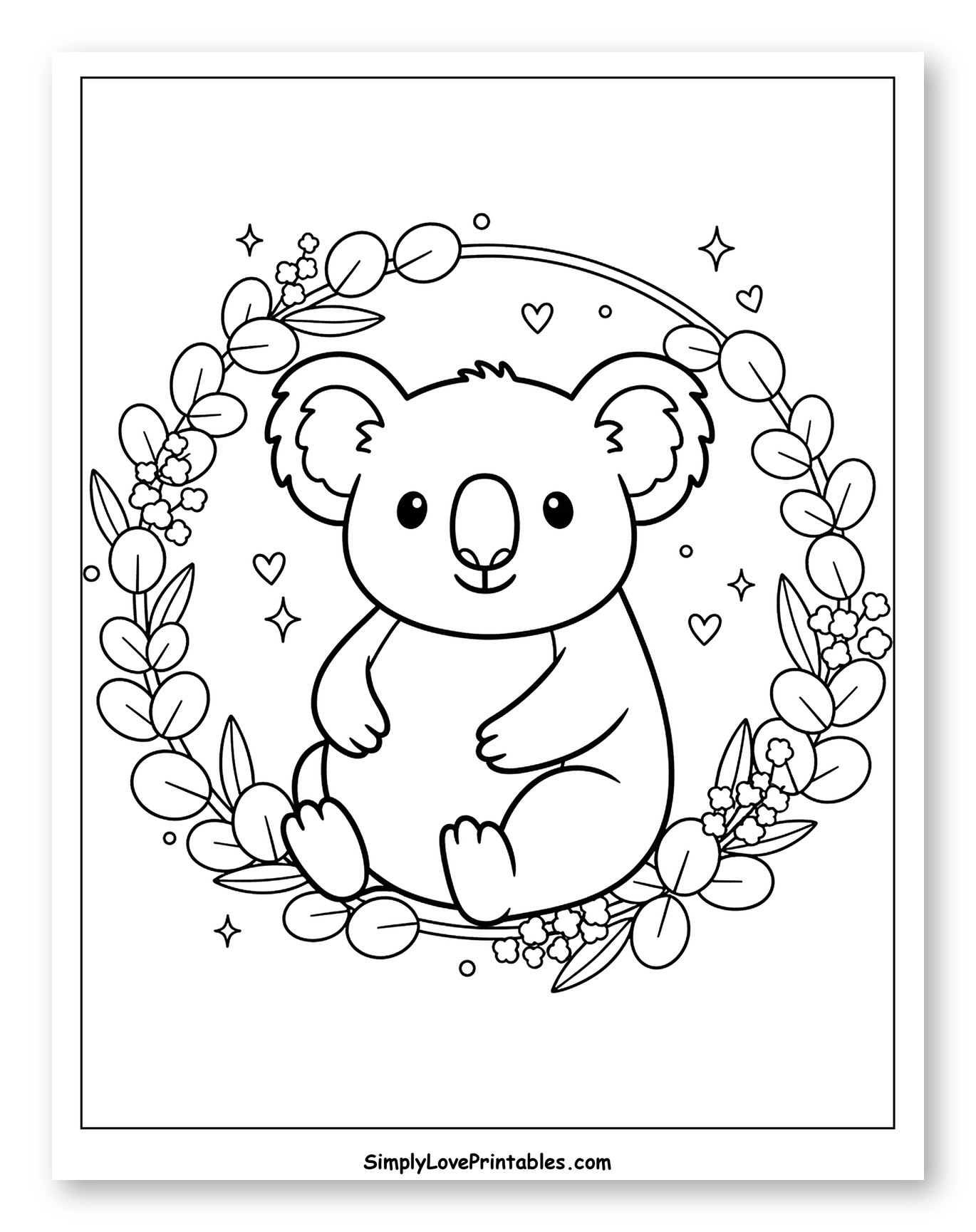 Cute Koala Surrounded by Eucalyptus Leaves Coloring Sheet for Adults
