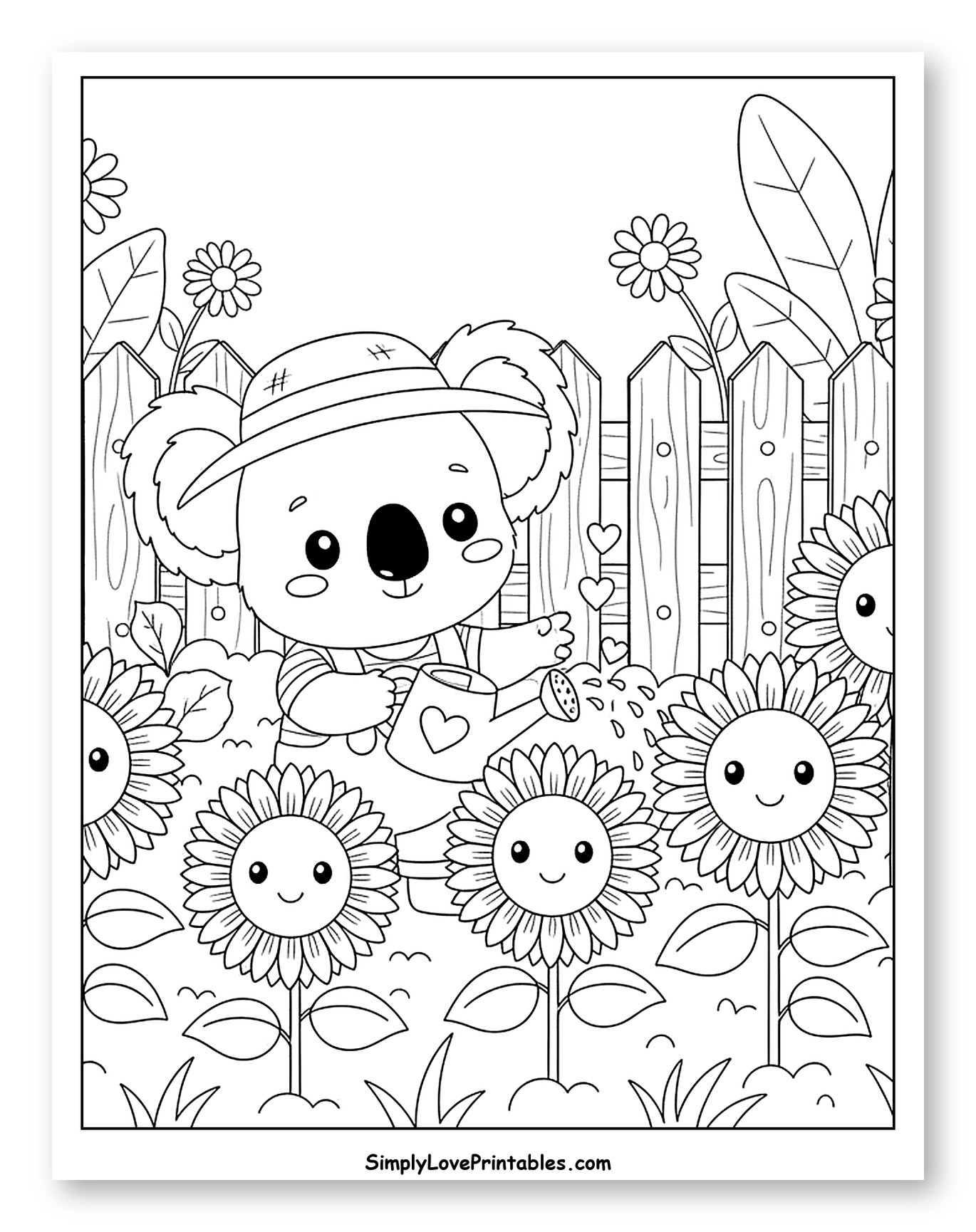 Cute Koala Watering Happy Sunflowers in Garden to Color for Kids