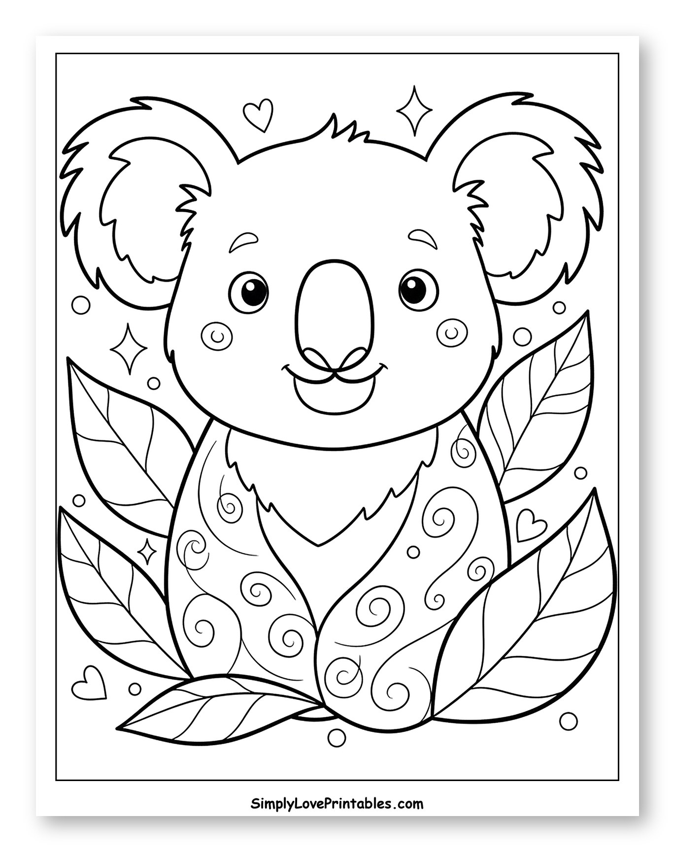 Cute Koala with Swirly Patterns and Leaves