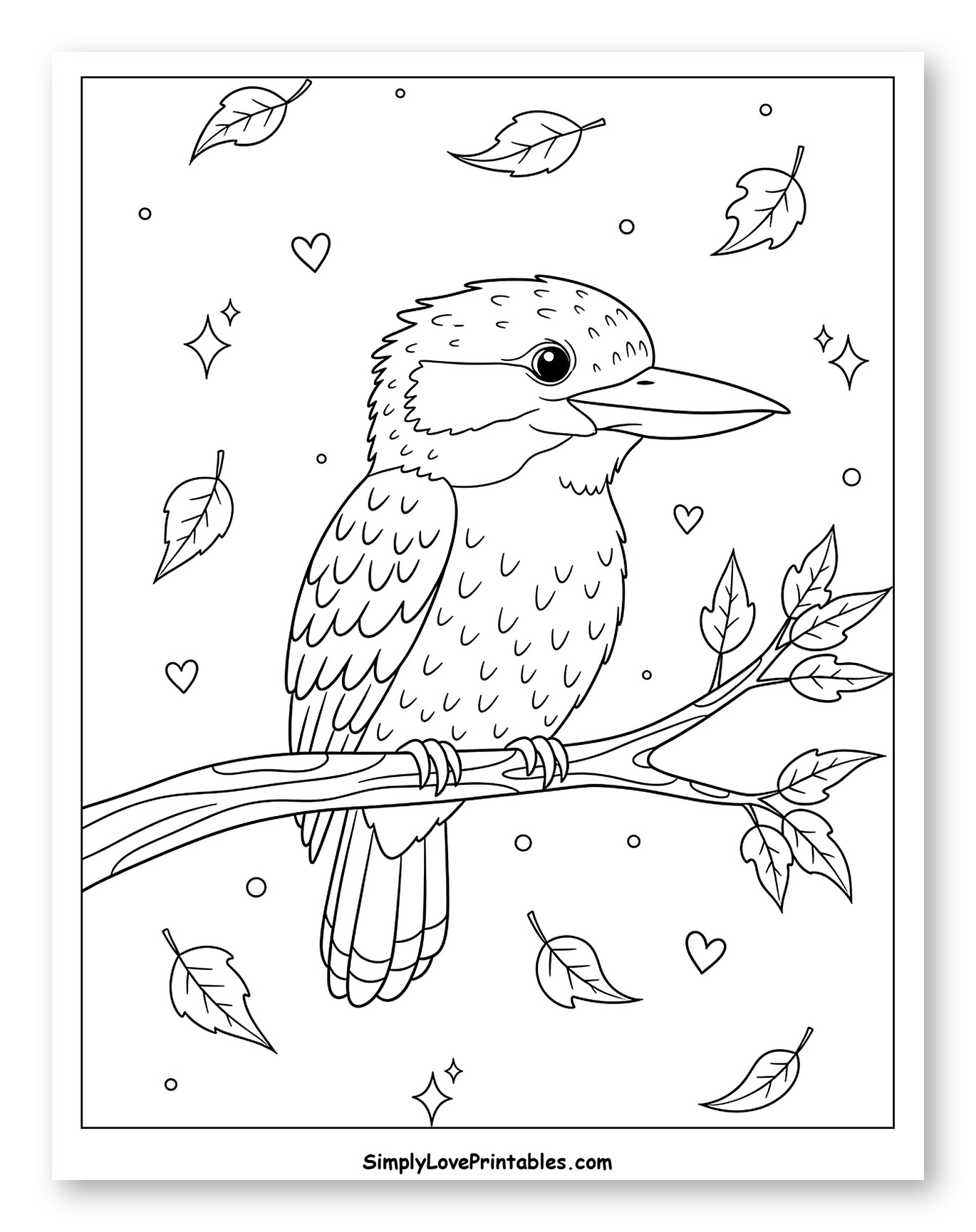 Cute Kookaburra Perched on Branch with Leaves Coloring Page for Adults