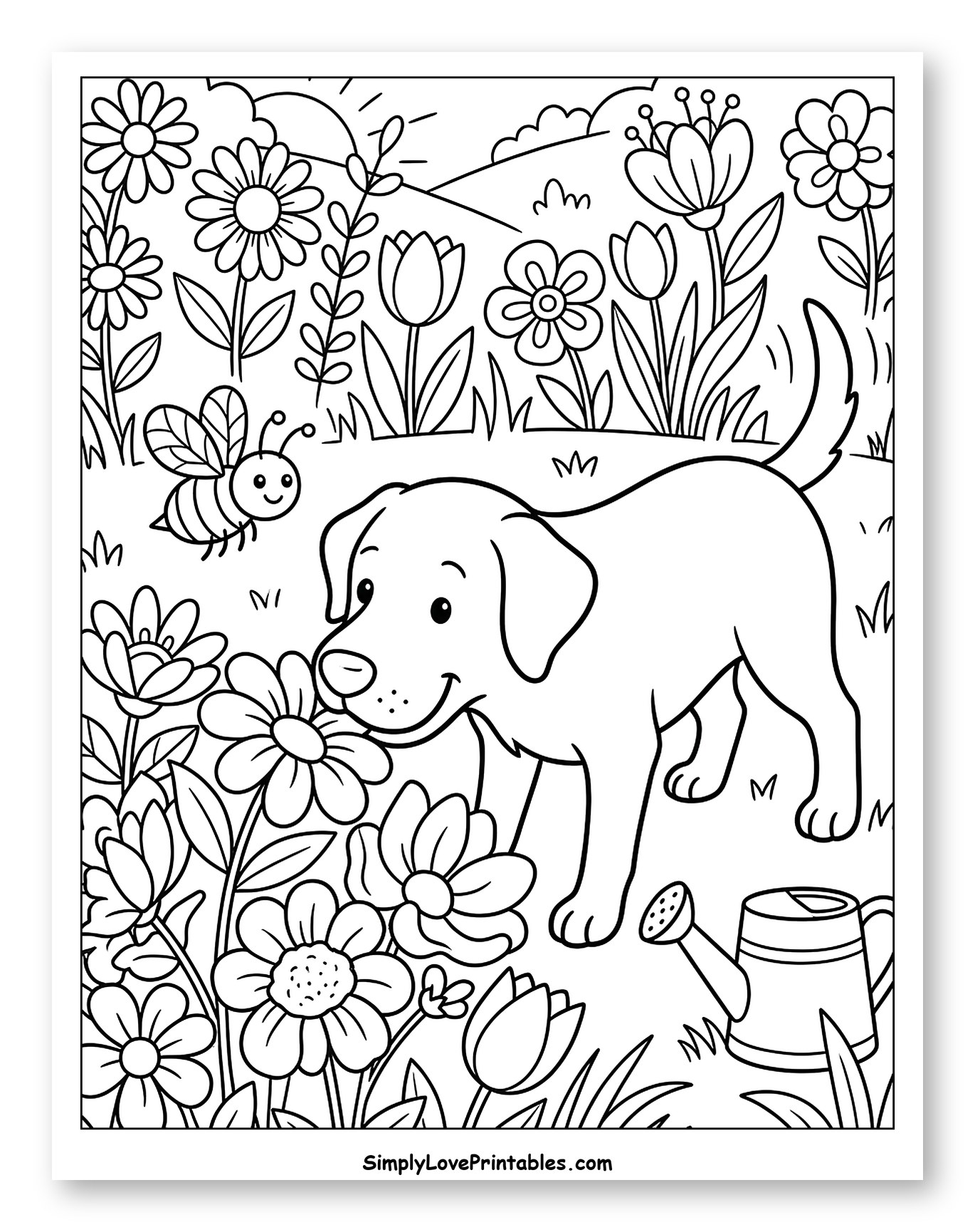 Cute Labrador Puppy Smelling Flowers with Bee to Color for Kids