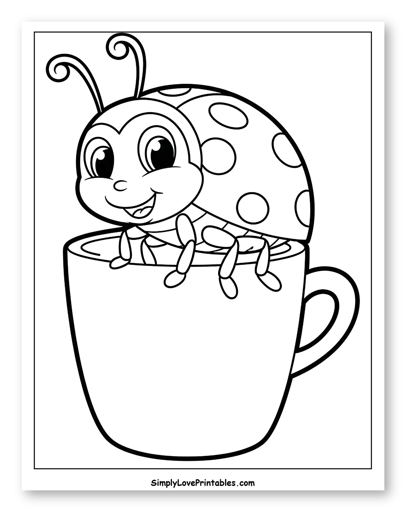 Cute Ladybug in a Teacup Coloring Page for Toddlers