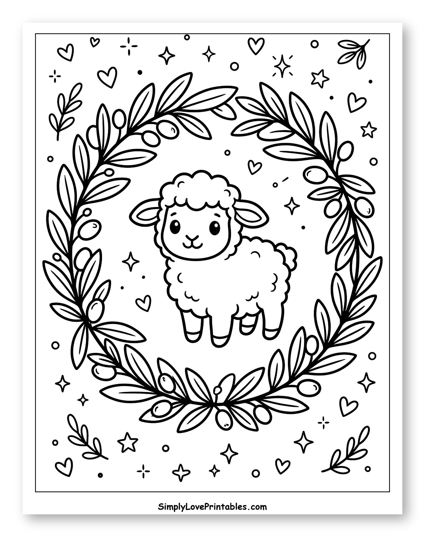 Cute Lamb in Olive Wreath to Color for Adults