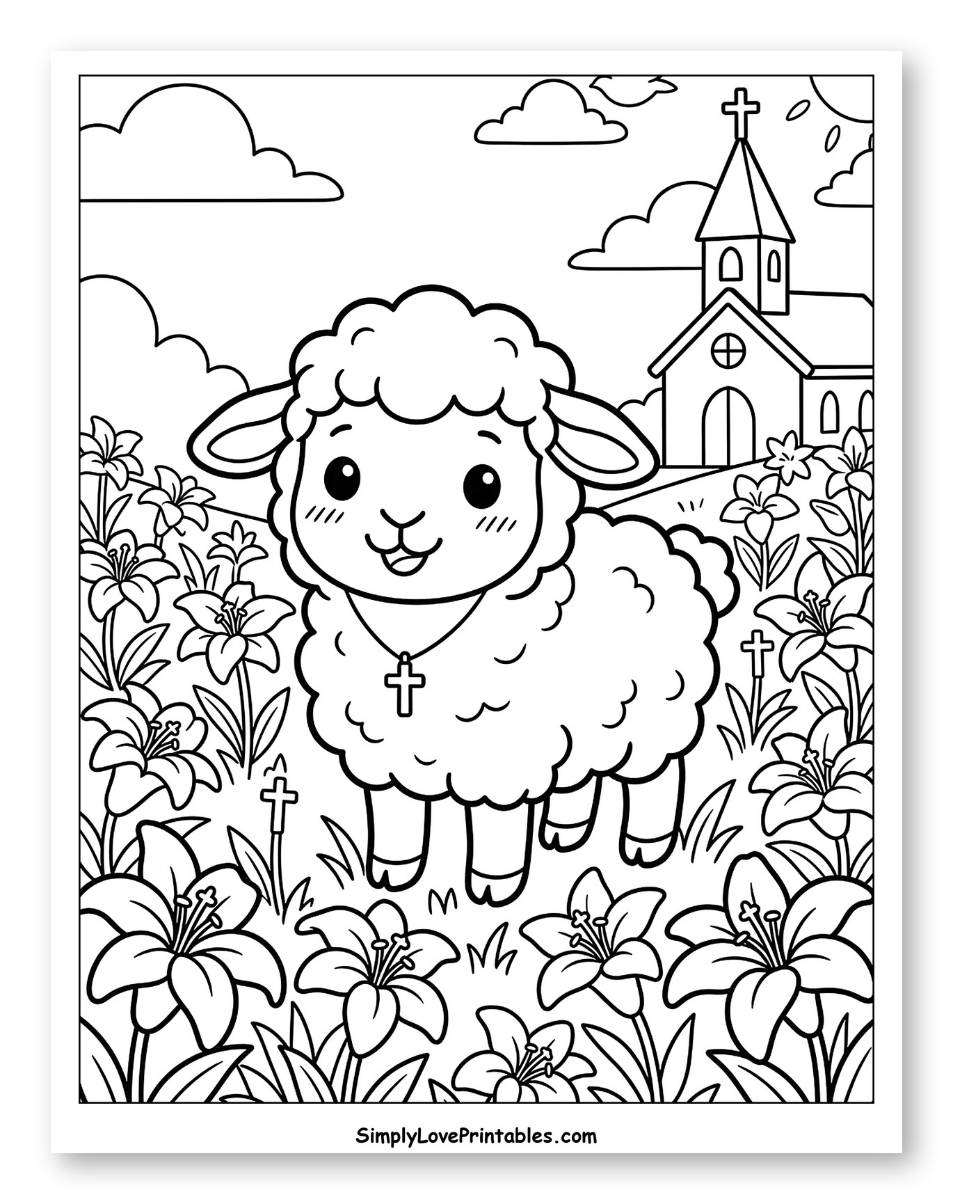 Cute Lamb with Cross and Lilies by Church