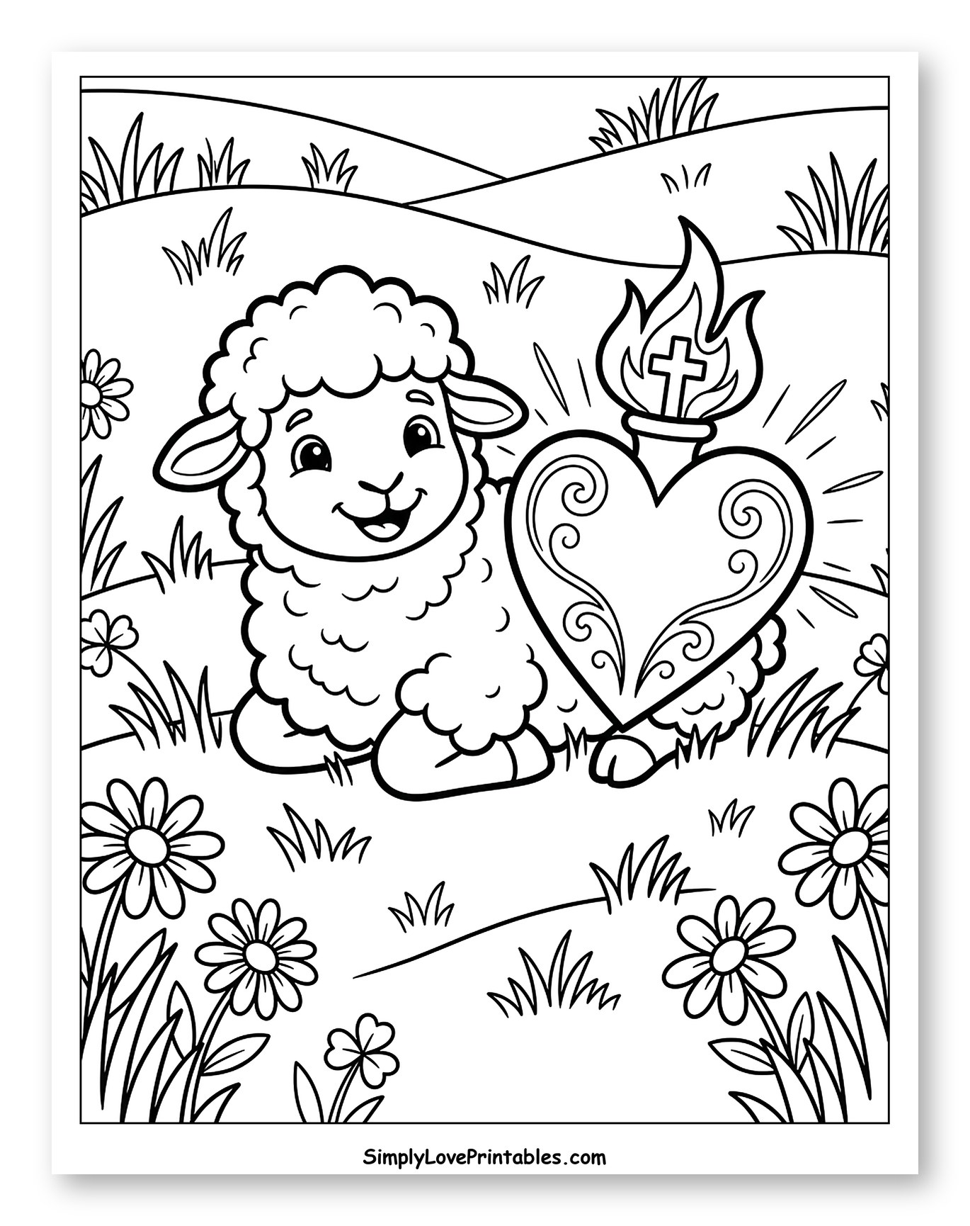 Cute Lamb with Sacred Heart in Field