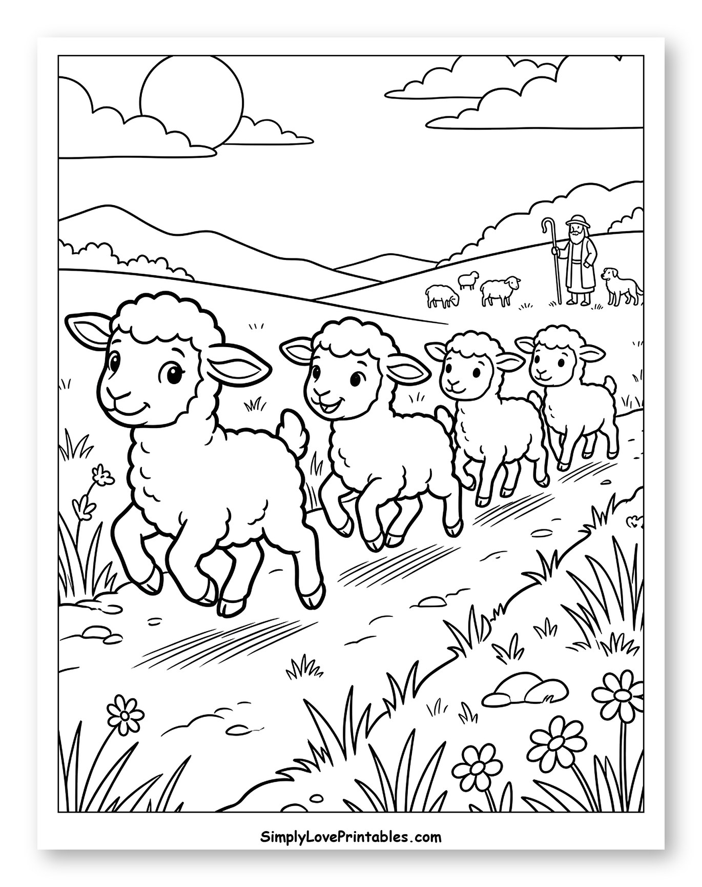 Cute Lambs Led by Shepherd in Fields Coloring Sheet for Kids