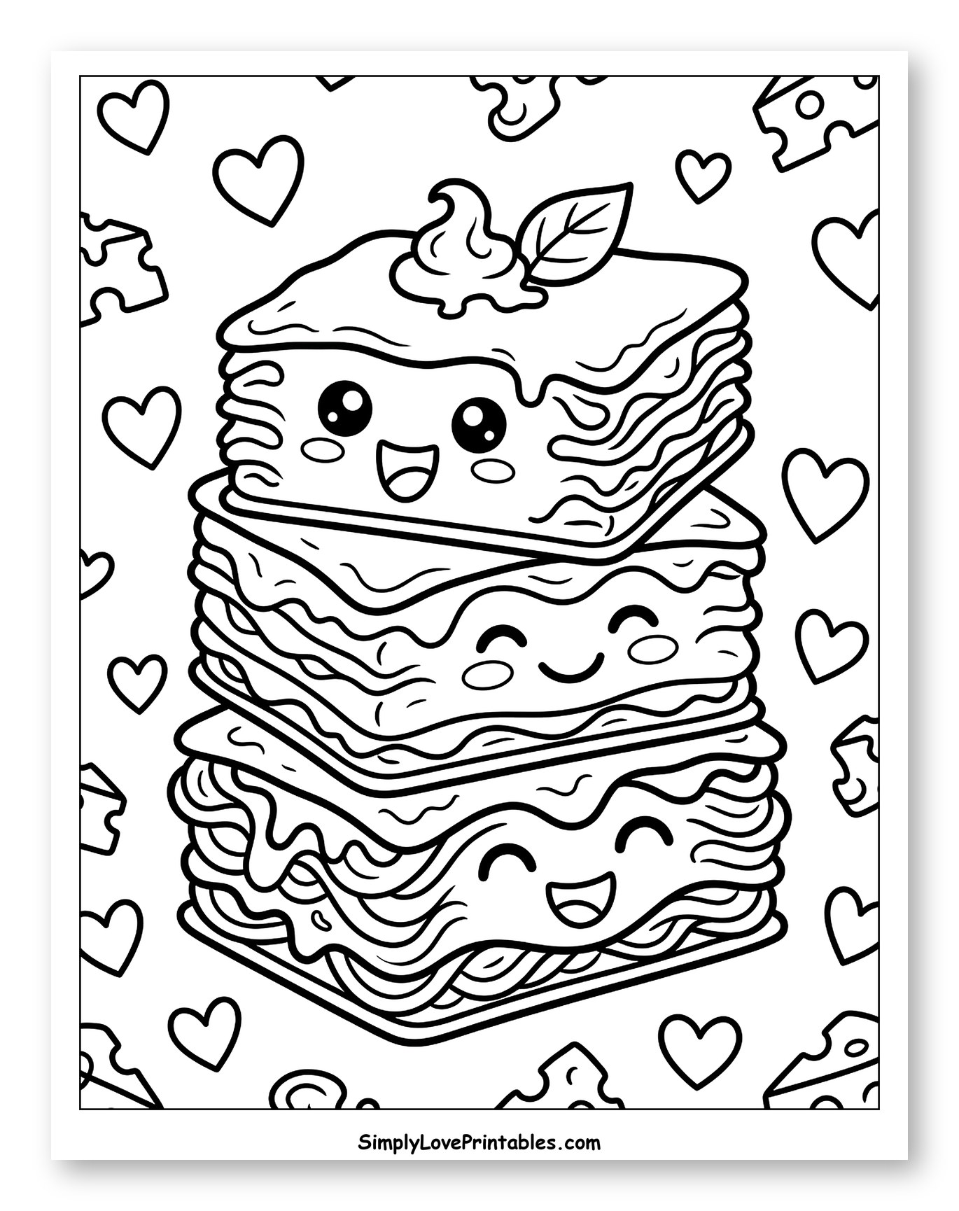 Cute Lasagna Stack with Hearts and Cheese Coloring Sheet for Kids