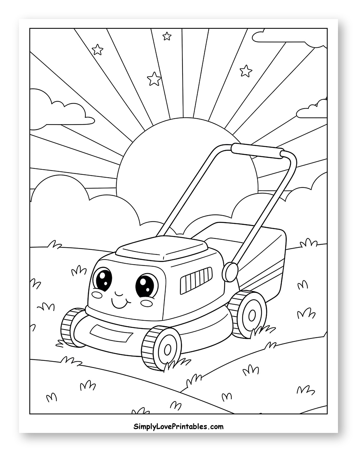 Cute Lawn Mower in Sunny Field with Stars