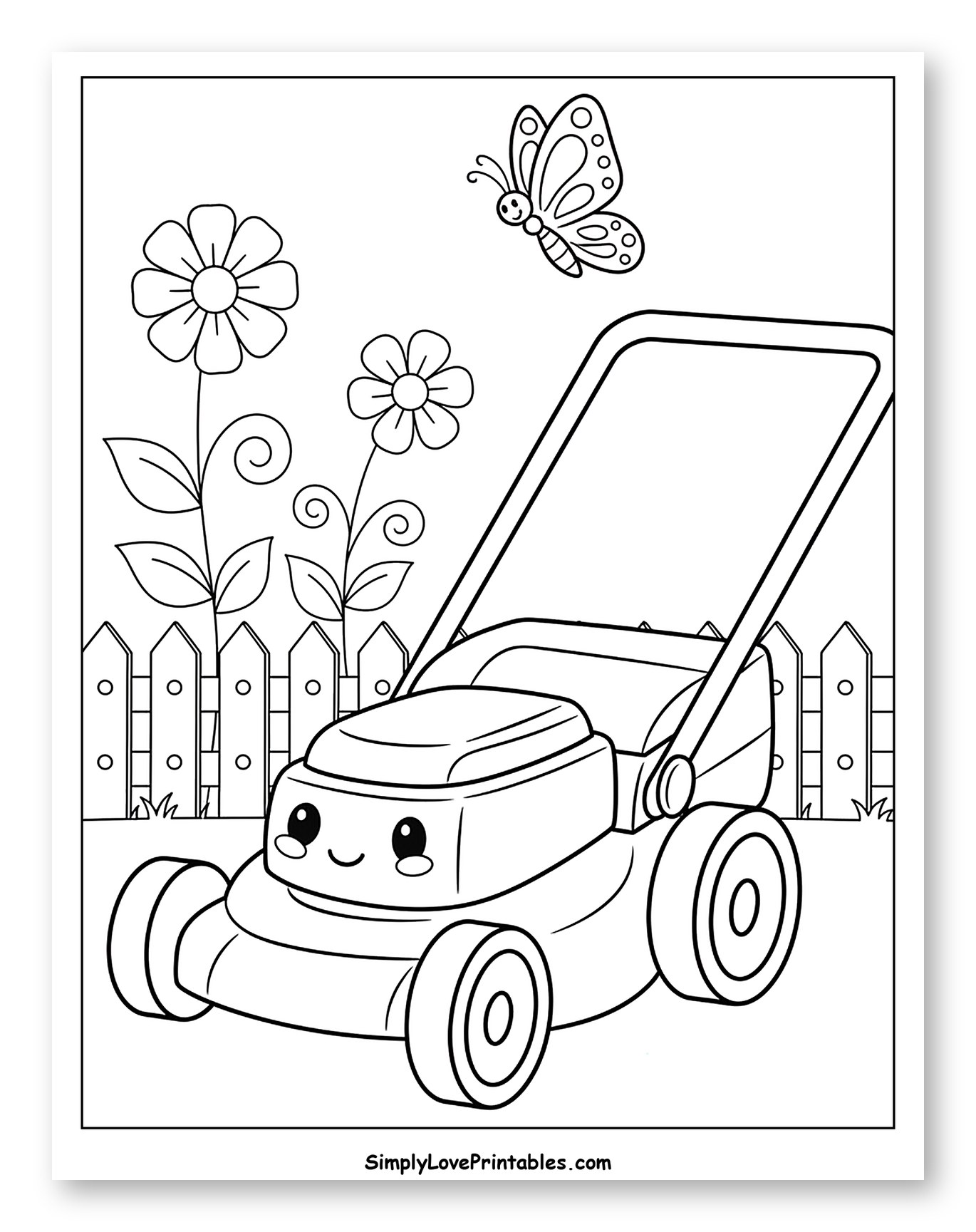 Cute Lawn Mower with Flowers and Butterfly to Color for Kids