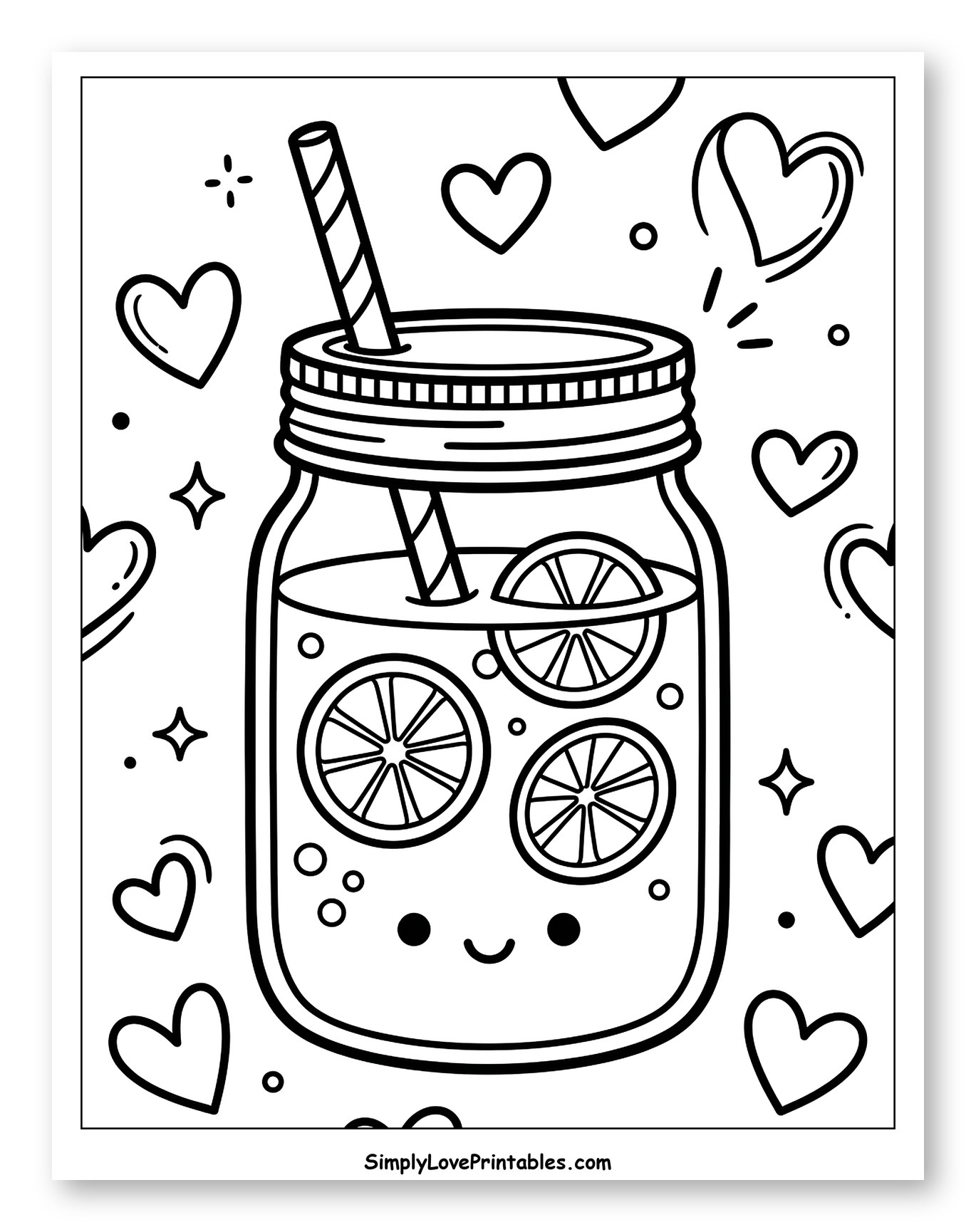 Cute Lemonade Jar with Hearts and Stars Coloring Sheet for Kids