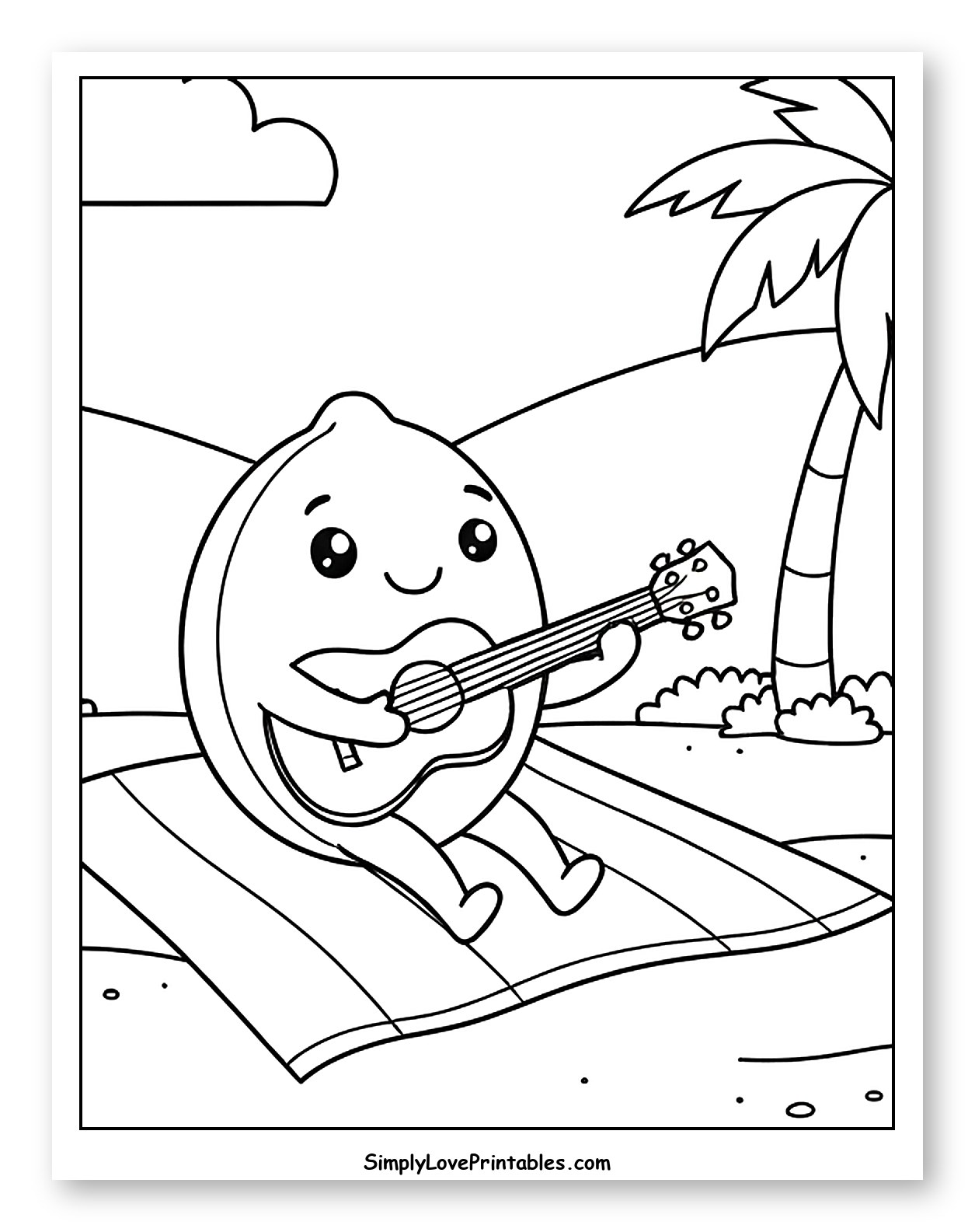 Cute Lime Playing Guitar on Beach Coloring Sheet for Kids