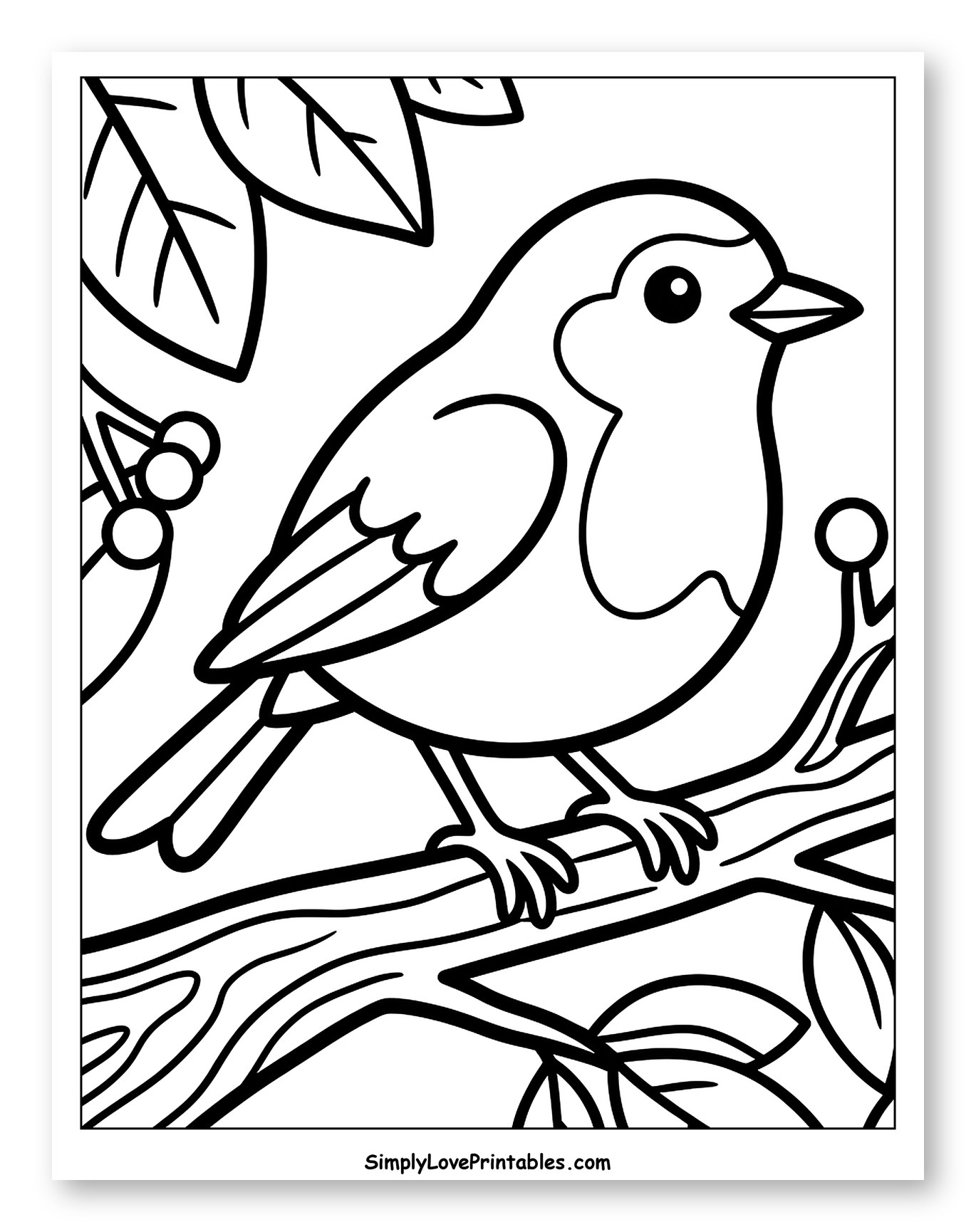Cute Little Bird on a Berry Branch Coloring Page for Toddlers