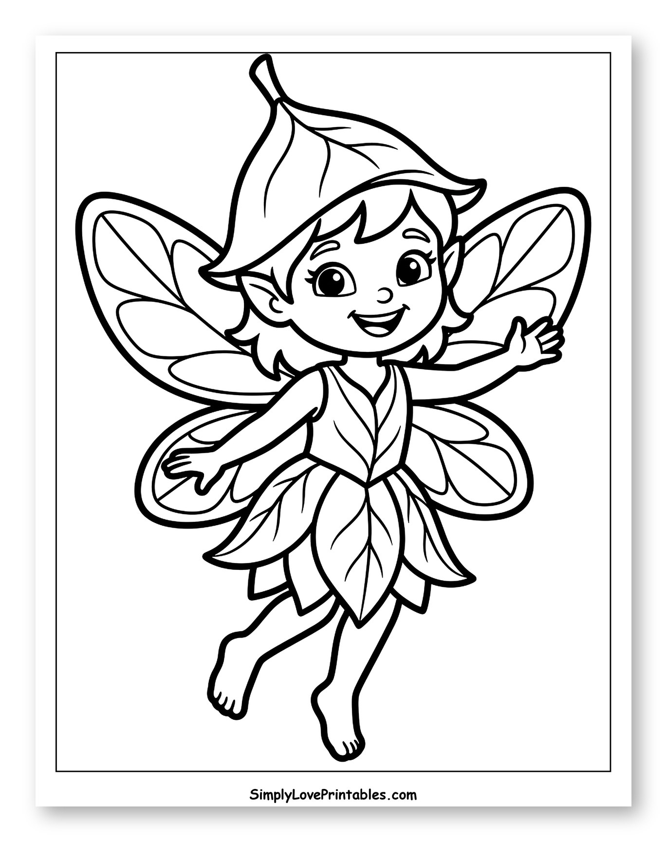 Cute Little Fairy with Leaf Hat and Dress Coloring Page for Toddlers