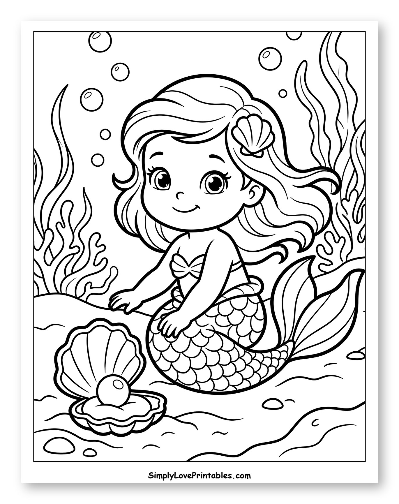 Cute Little Mermaid with Pearl and Seaweed