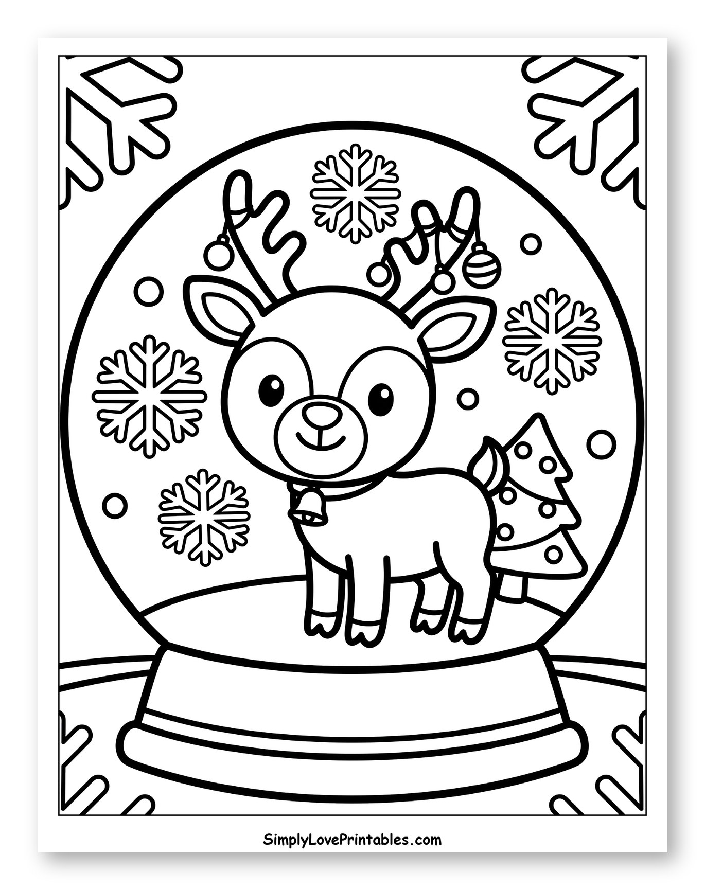 Cute Little Reindeer in a Snow Globe Coloring Page for Toddlers