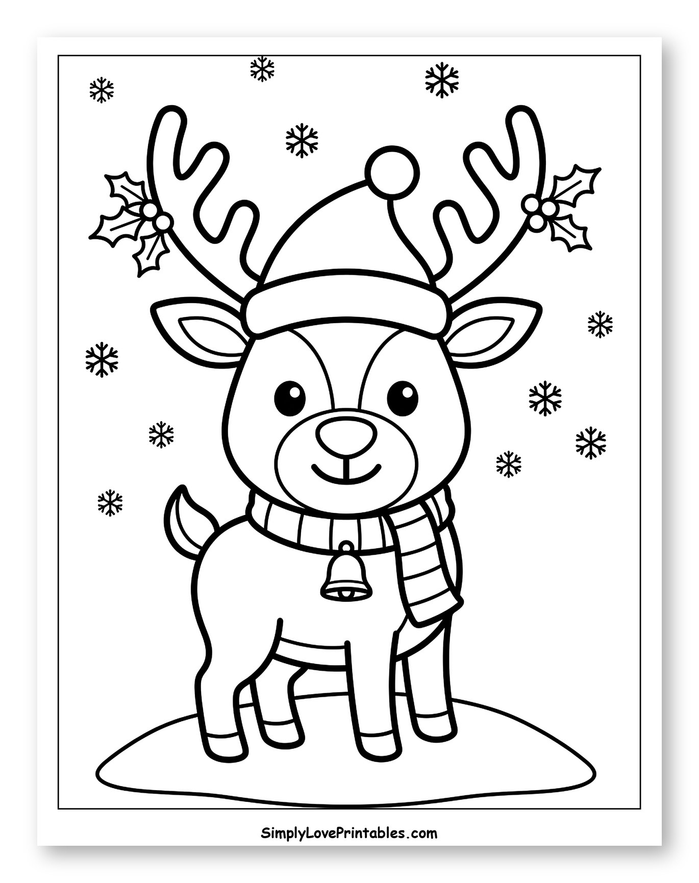Cute Little Reindeer Wearing a Santa Hat Coloring Page for Toddlers