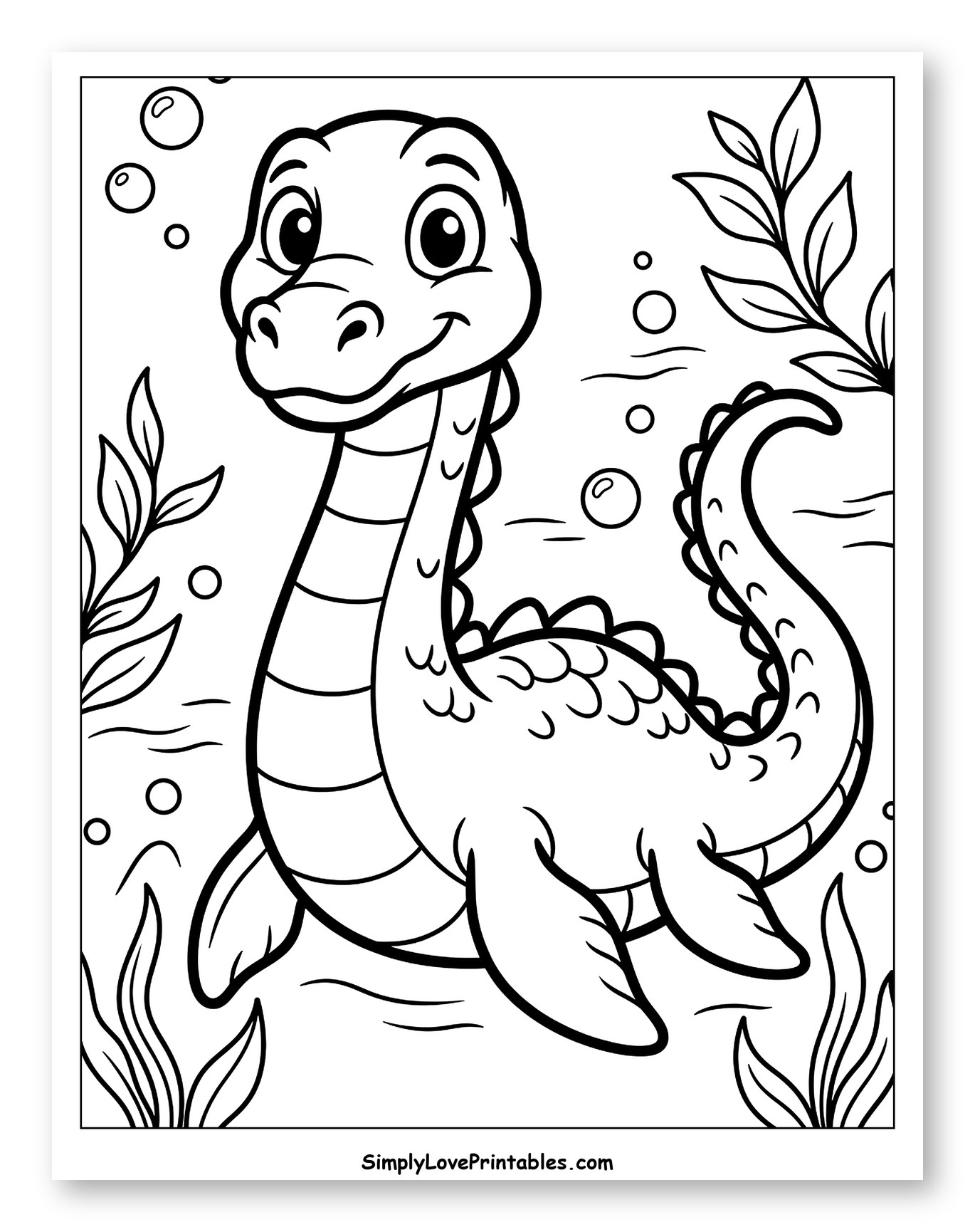 Cute Loch Ness Monster Swimming Underwater to Color for Toddlers