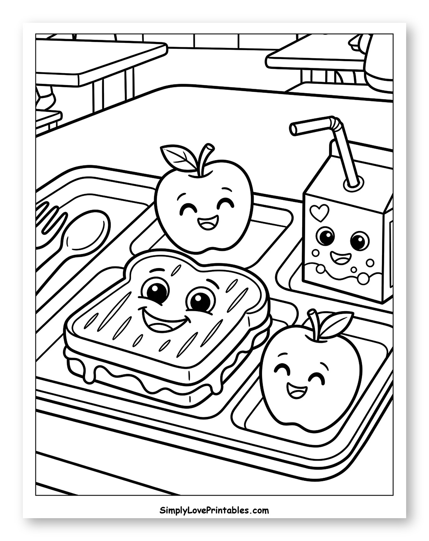 Cute Lunch Tray with Smiling Grilled Cheese Coloring Page for Kids