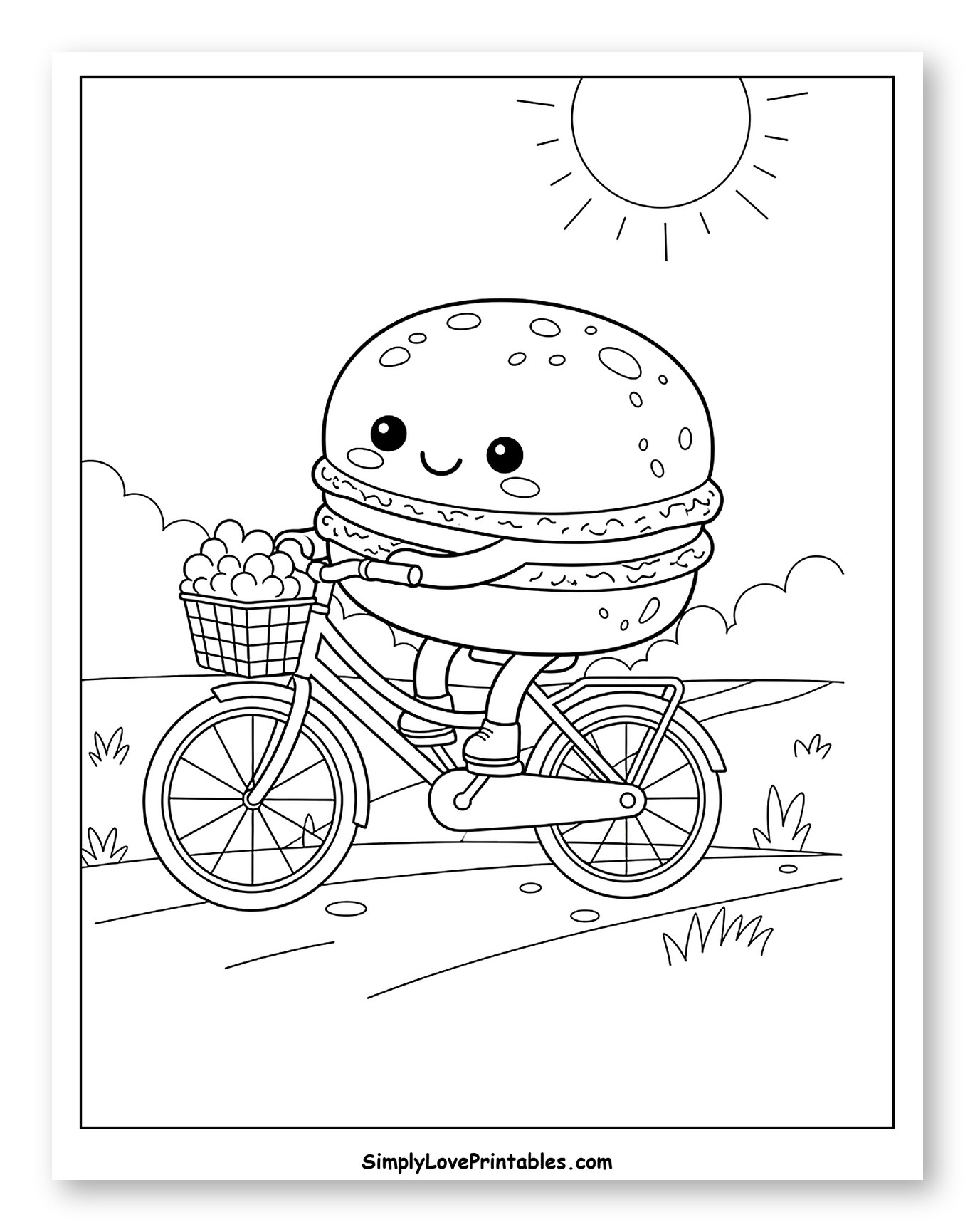 Cute Macaron Character Riding a Bicycle Coloring Sheet for Kids