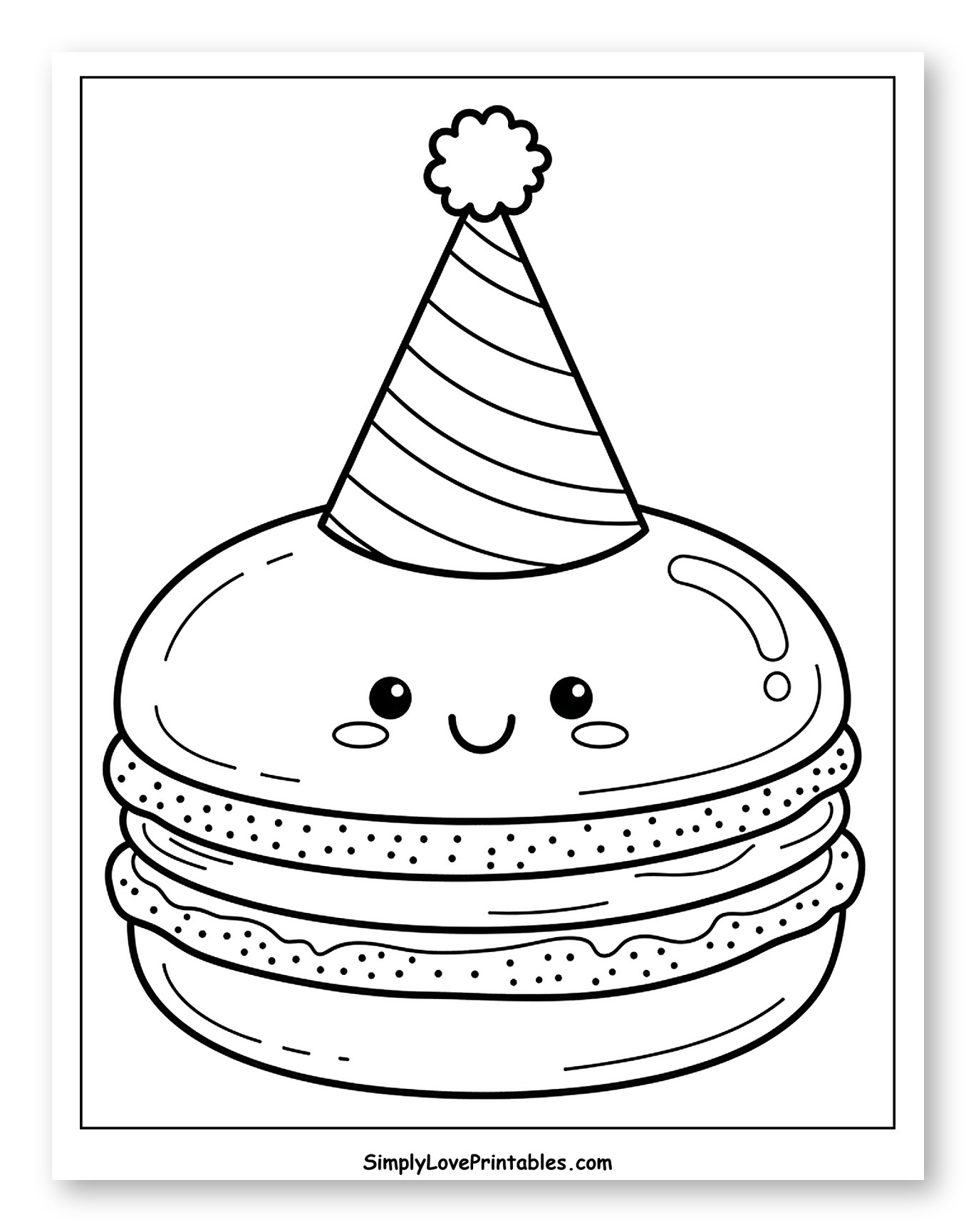 Cute Macaron Wearing a Party Hat Coloring Page for Toddlers
