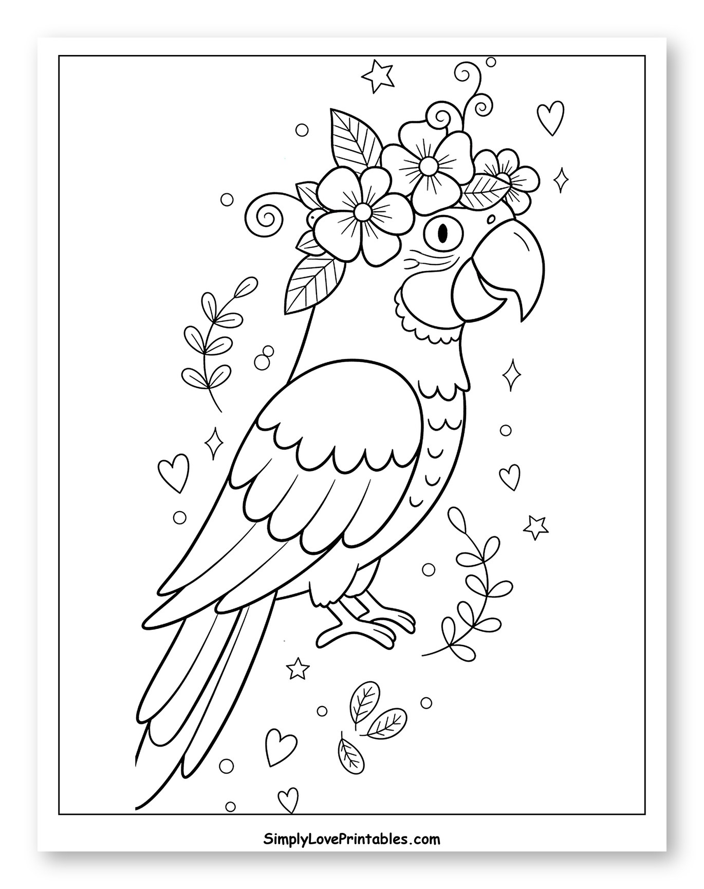Cute Macaw Wearing a Floral Headpiece to Color for Adults