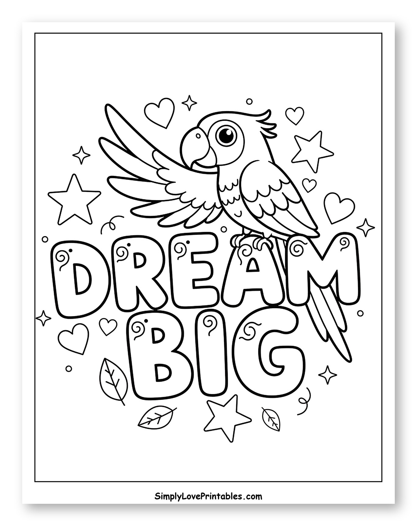 Cute Macaw with Dream Big Message Coloring Sheet for Adults