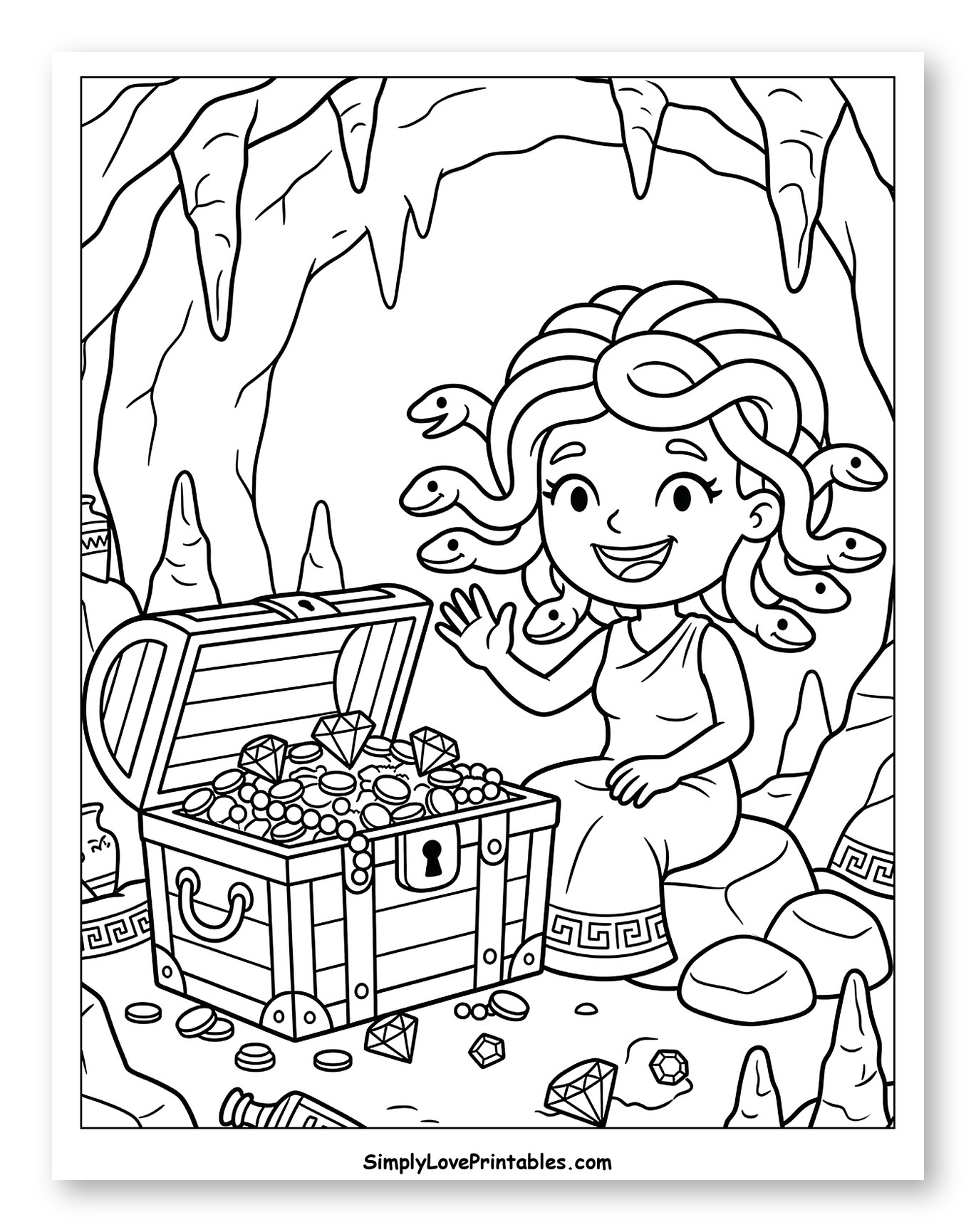 Cute Medusa in a Cave with Treasure Chest