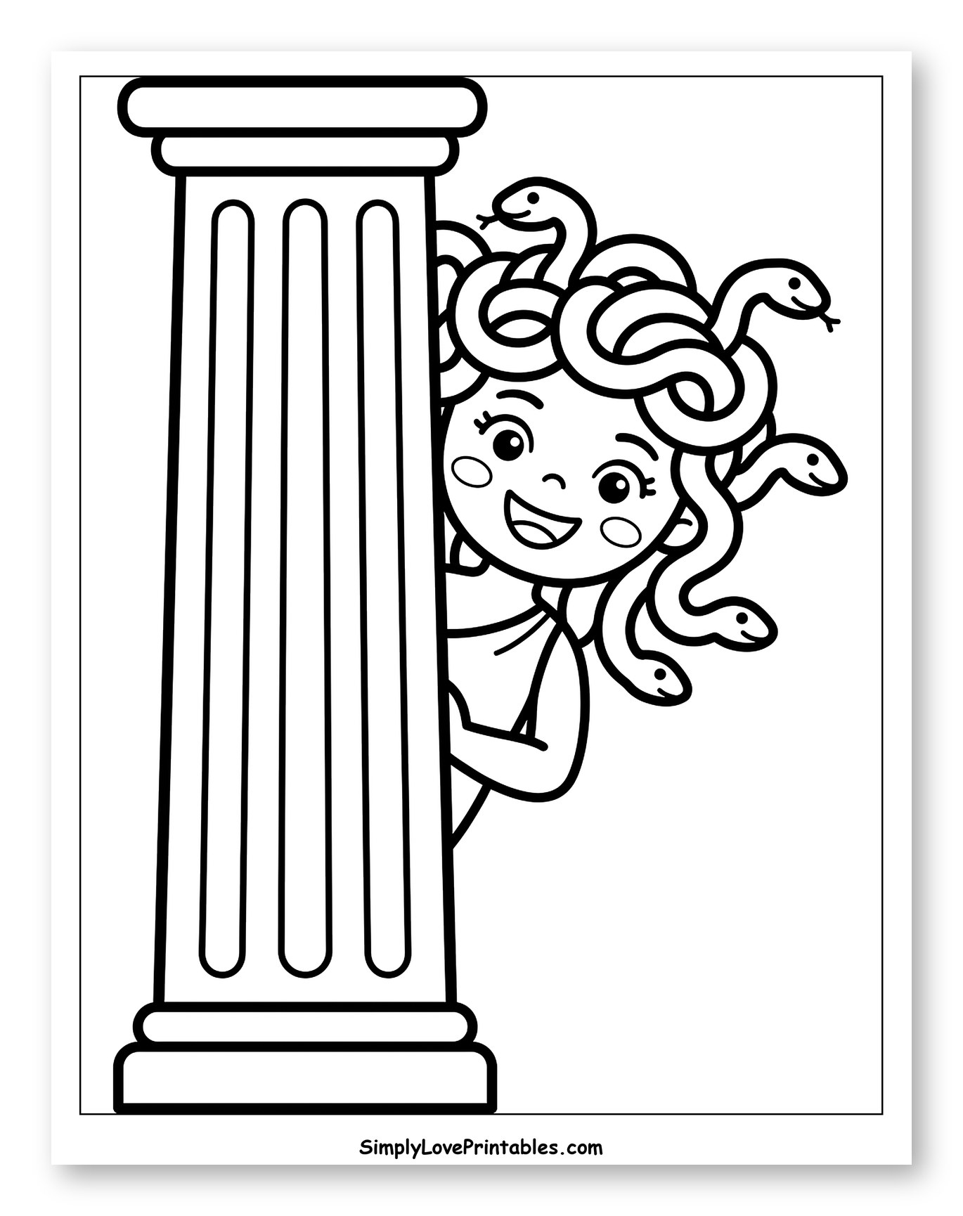 Cute Medusa Peeking Behind a Greek Column to Color for Toddlers