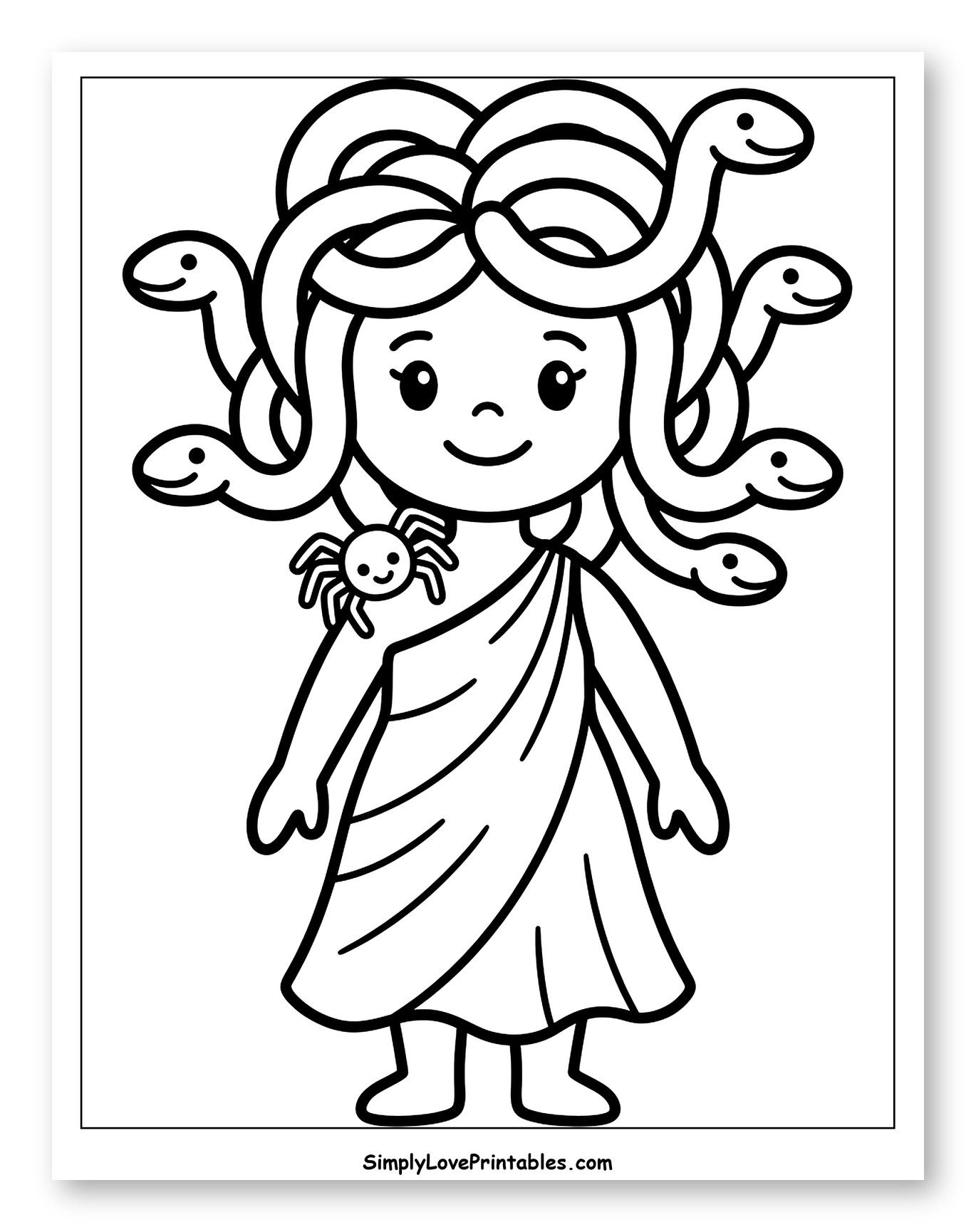 Cute Medusa with Spider on Shoulder Coloring Sheet for Toddlers