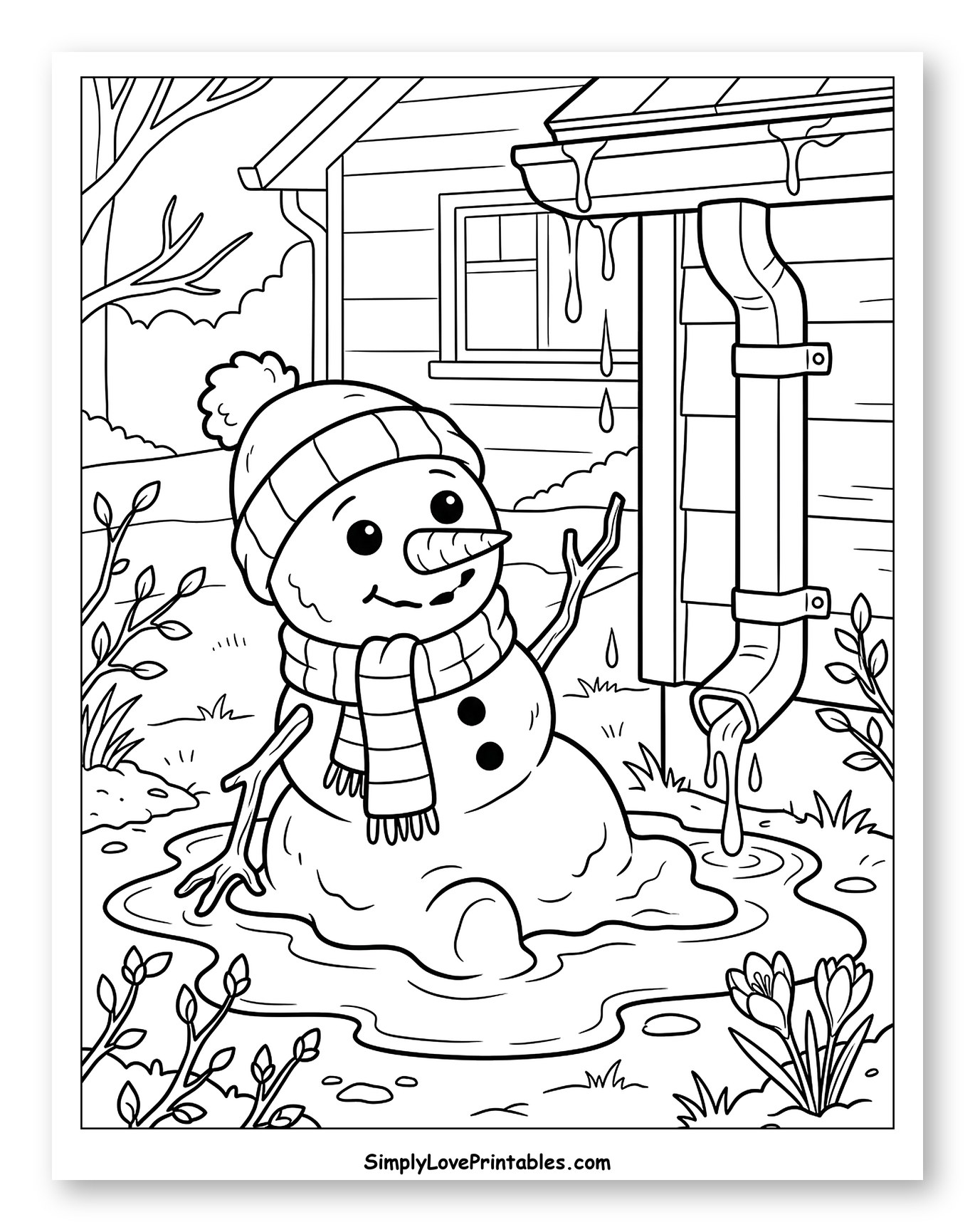 Cute Melting Snowman Beside a Dripping Downspout