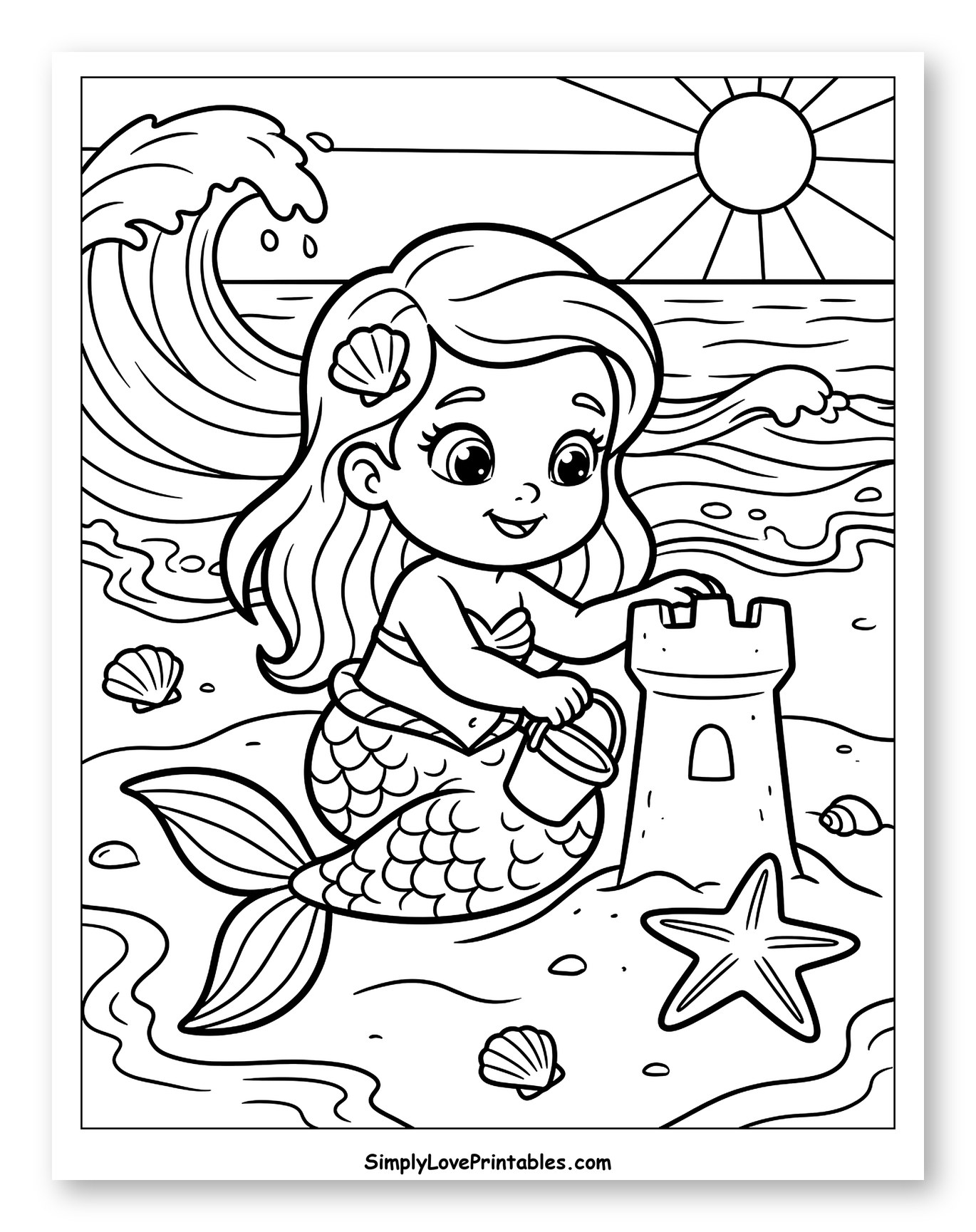 Cute Mermaid Building Sandcastle on Beach
