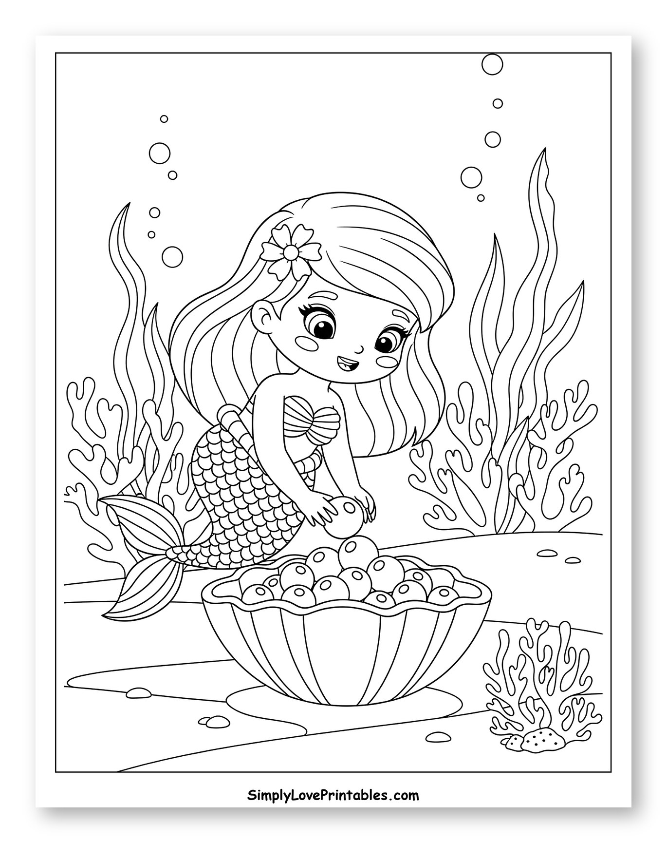 Cute Mermaid Gathering Pearls in a Shell Bowl