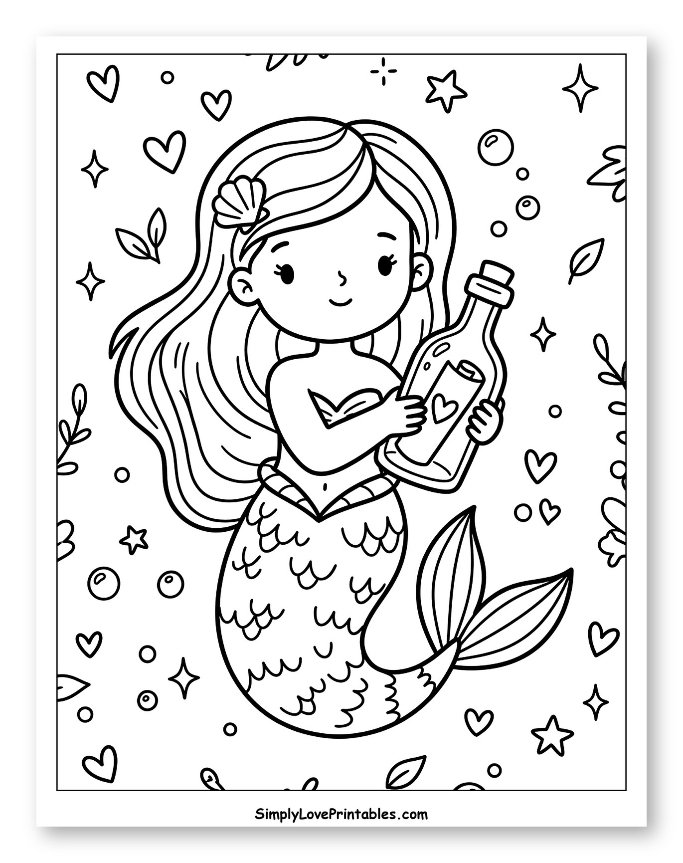 Cute Mermaid Holding Message in a Bottle Coloring Page for Adults