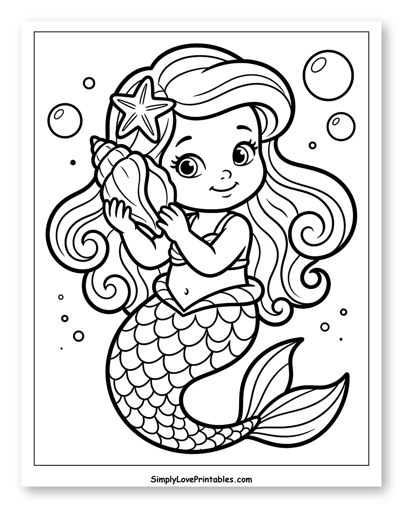 Cute Mermaid Holding Seashell Coloring Sheet for Toddlers