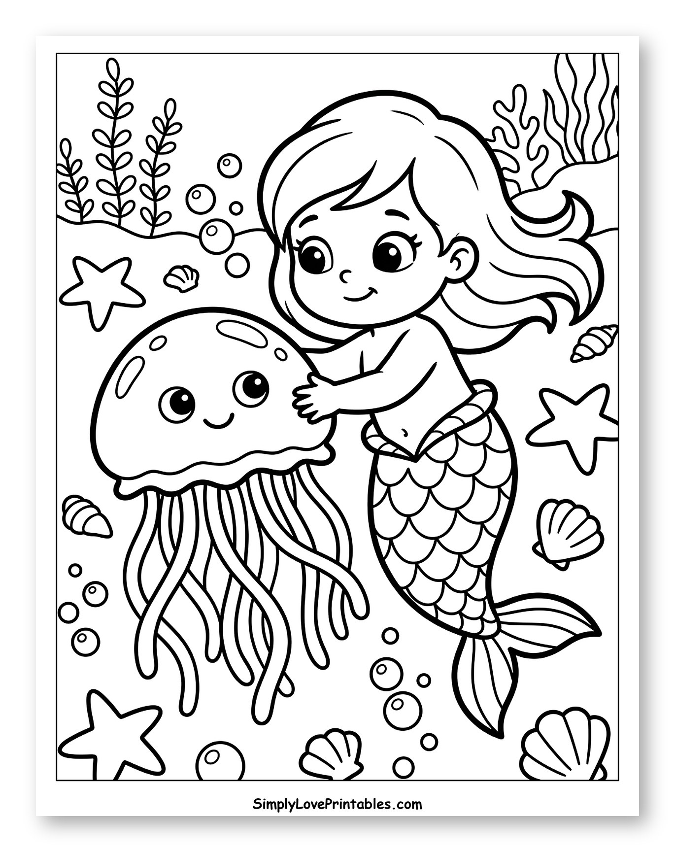 Cute Mermaid Hugging a Friendly Jellyfish