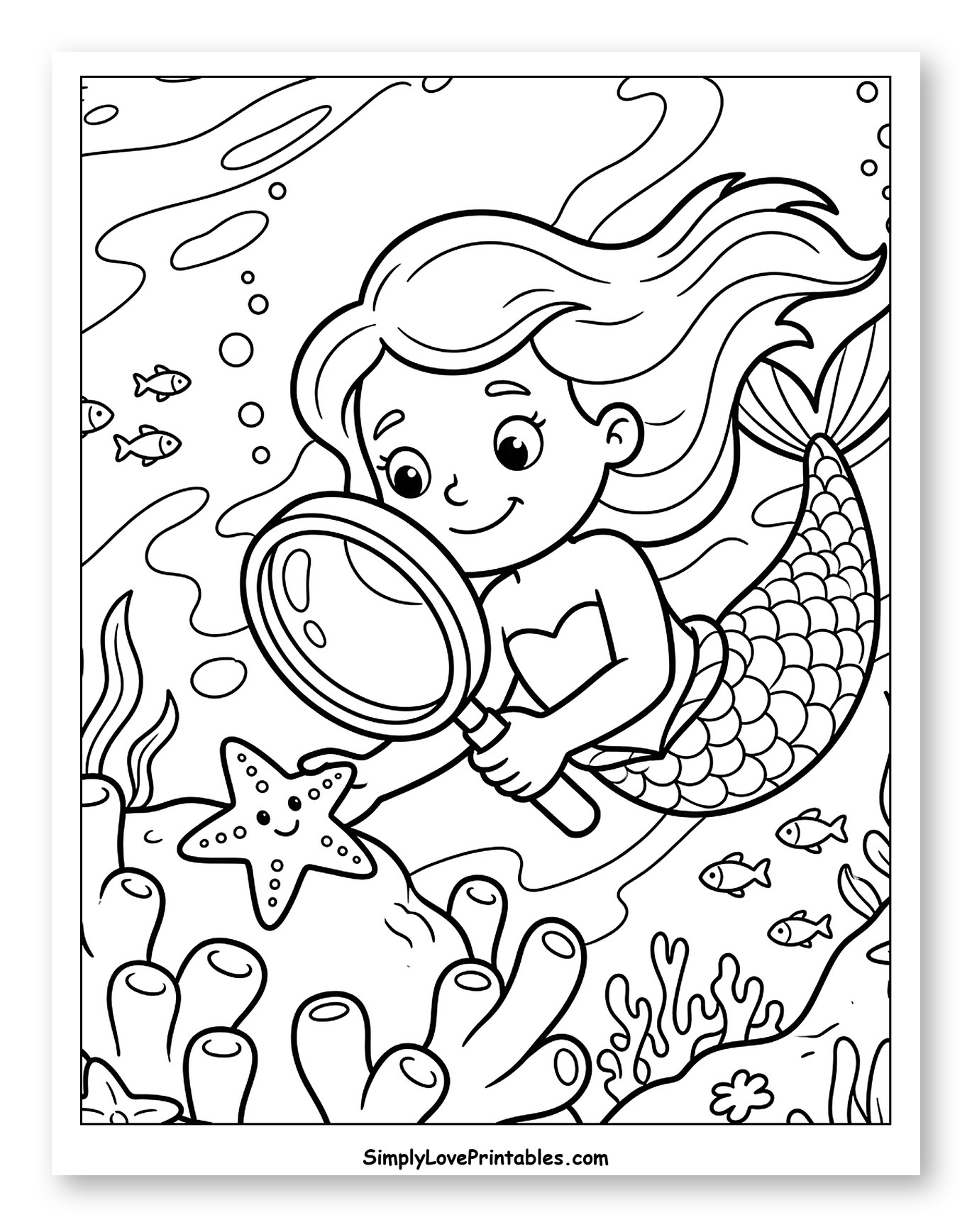 Cute Mermaid Magnifying a Starfish Under the Sea Coloring Sheet for Kids