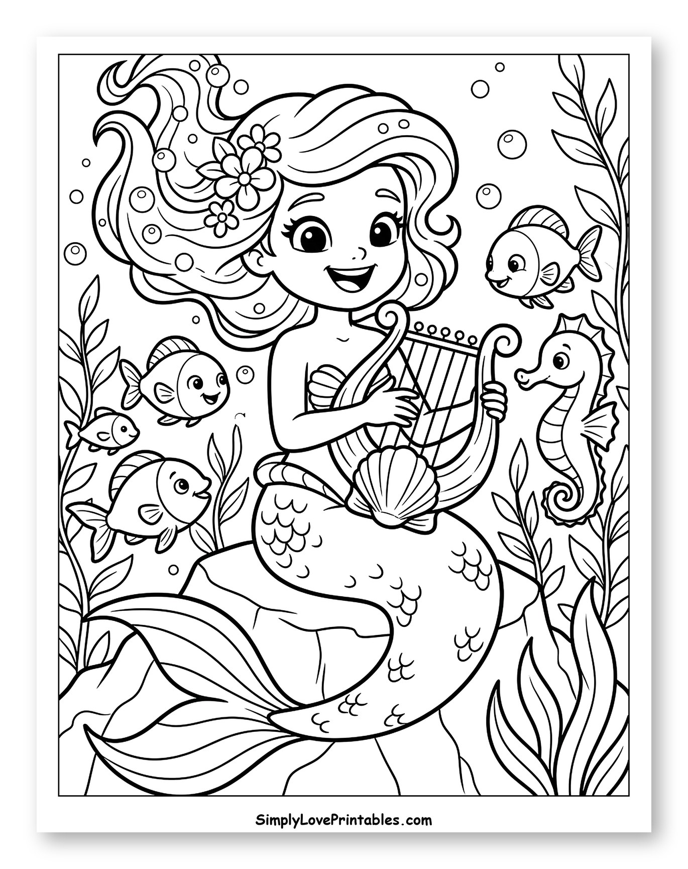 Cute Mermaid Playing Harp Among Sea Creatures Coloring Sheet for Kids