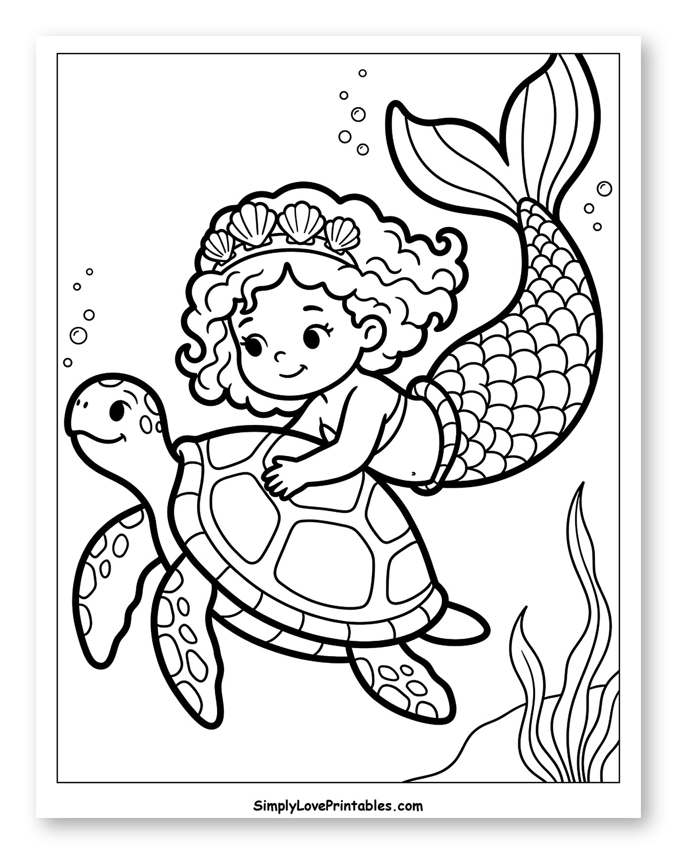 Cute Mermaid Riding a Friendly Sea Turtle