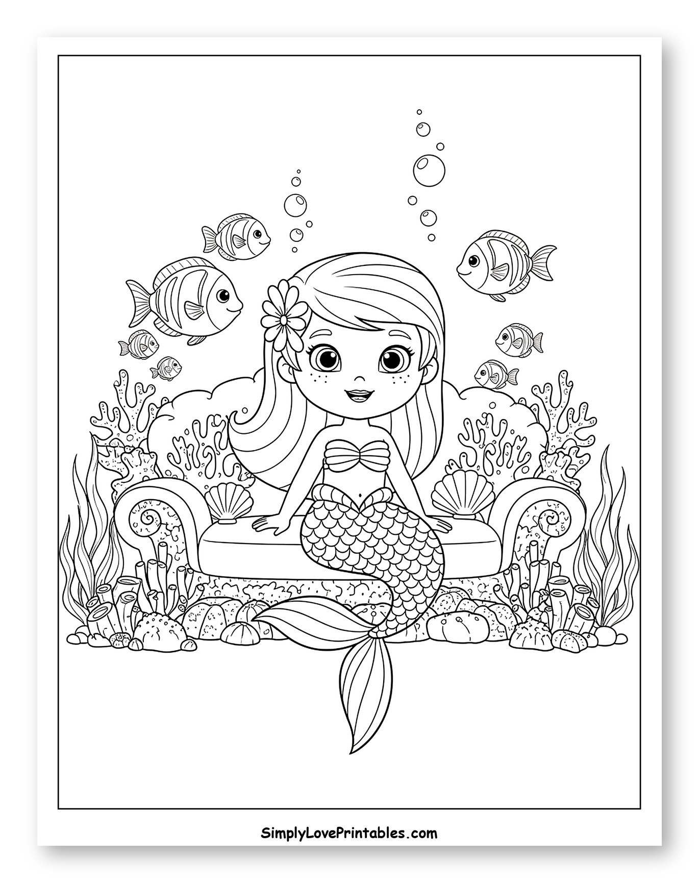 Cute Mermaid Sitting on an Underwater Sofa