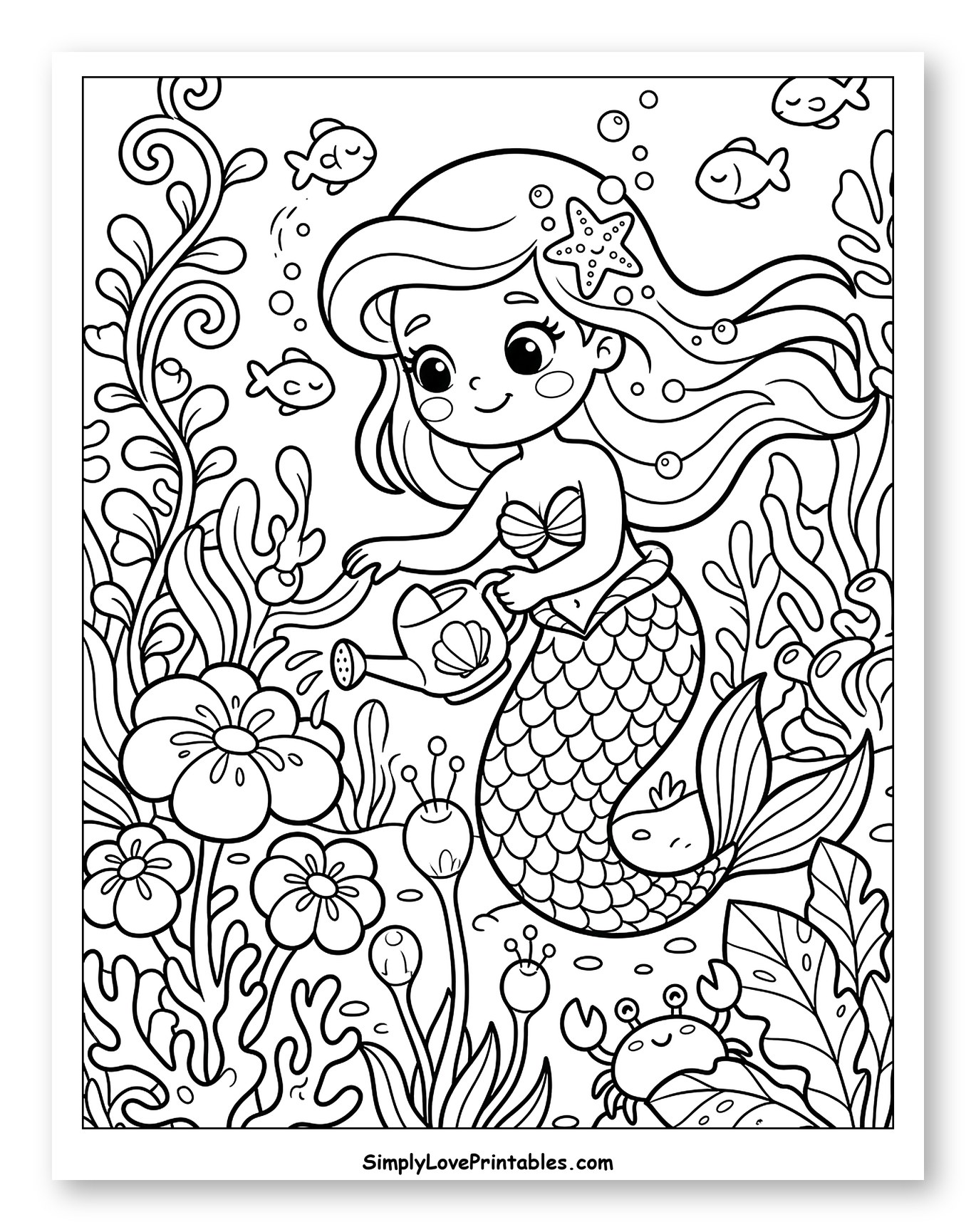 Cute Mermaid Tending Her Underwater Garden