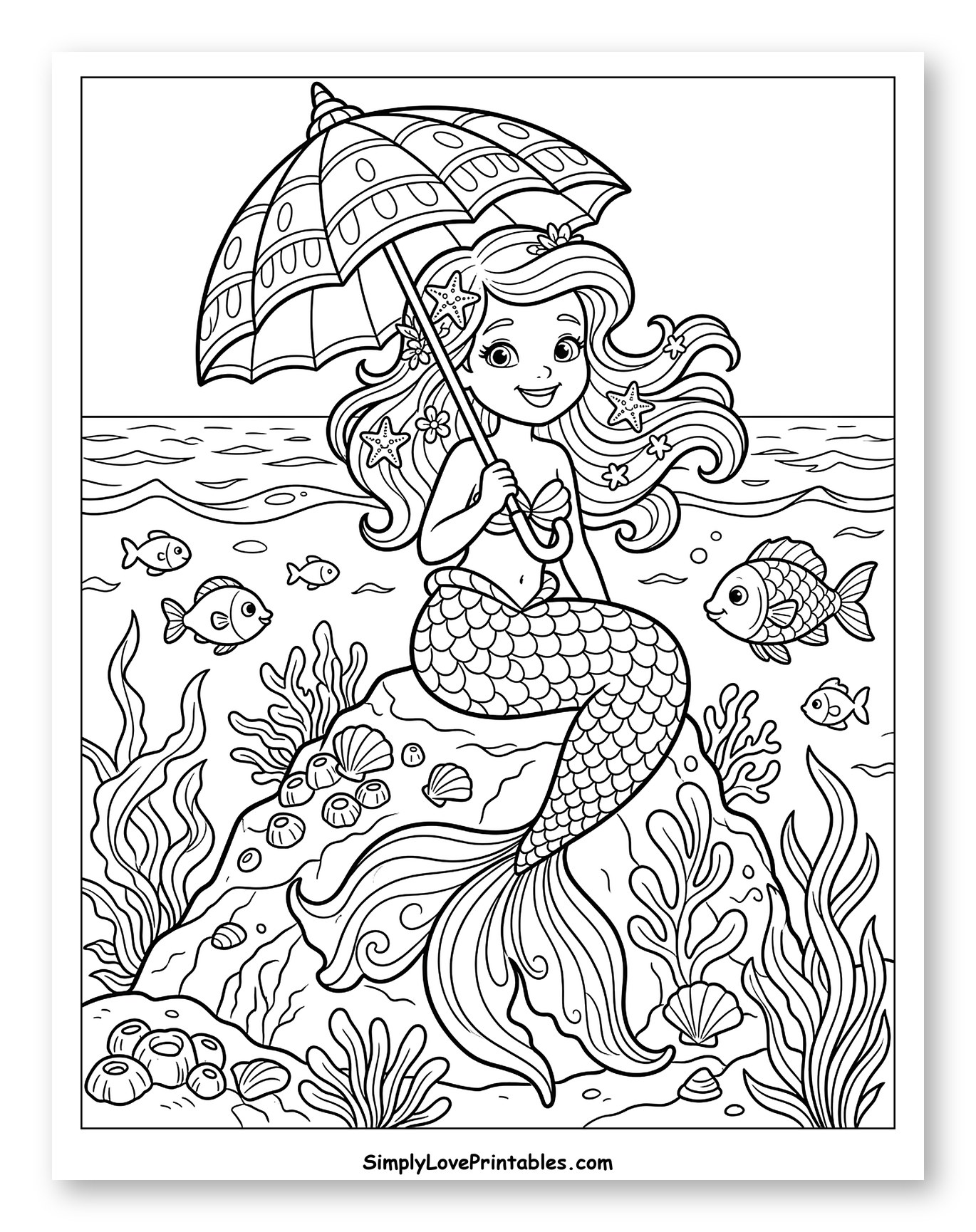 Cute Mermaid Under Umbrella on Ocean Rock